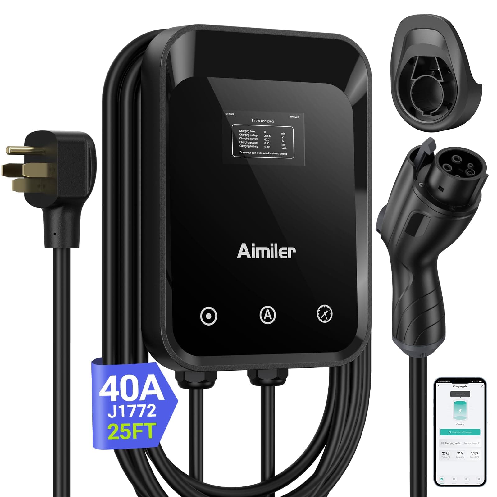 AIMILER Level 2 EV Charger, 40A/9.6kW, Nema 14-50P Plug Electric Vehicle (EV) Charger, 25ft Cable ETL Certified, J1772 Connector EVSE EV Electric Car Charging Stations for Home Level 2, Jet