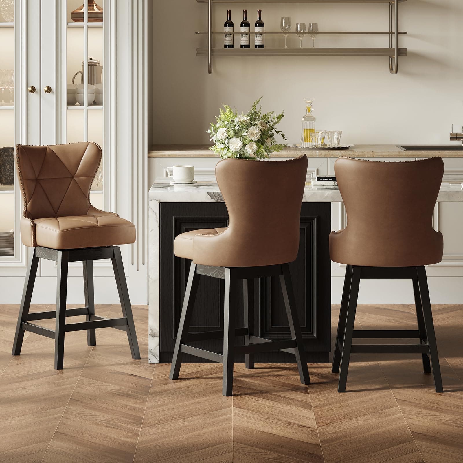 MALOL Swivel Counter Height Bar Stools Set of 3, Tall Faux Leather Barstools, Modern Bar Chairs with Solid Back and Wood Legs for Kitchen Island，Brown