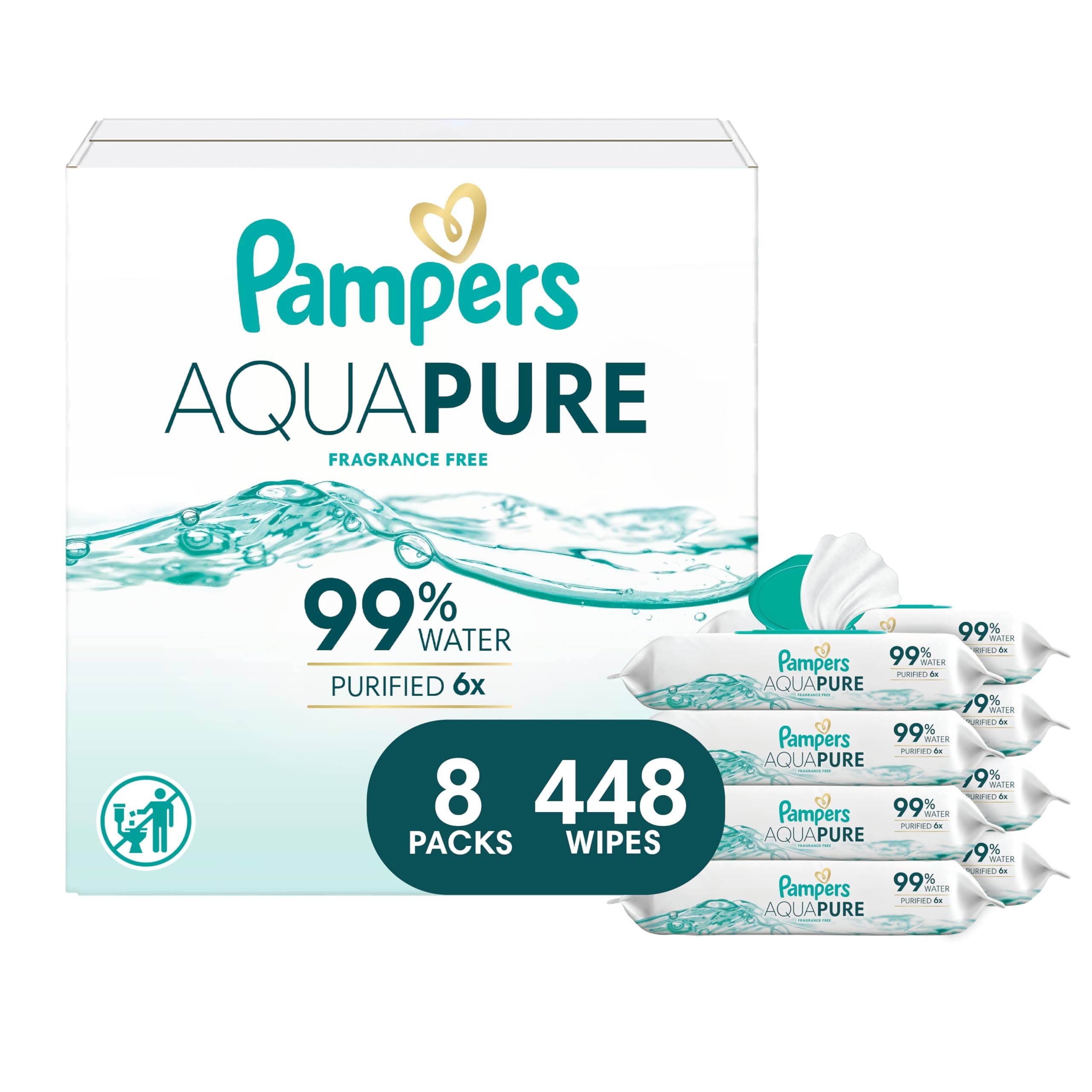 Pampers Aqua Pure Baby Wipes, 99% Water, Fragrance Free, Unscented, Water Based, Multi-Use, 448 Wipes Total (8X Flip-Top Packs) [Packaging May Vary]