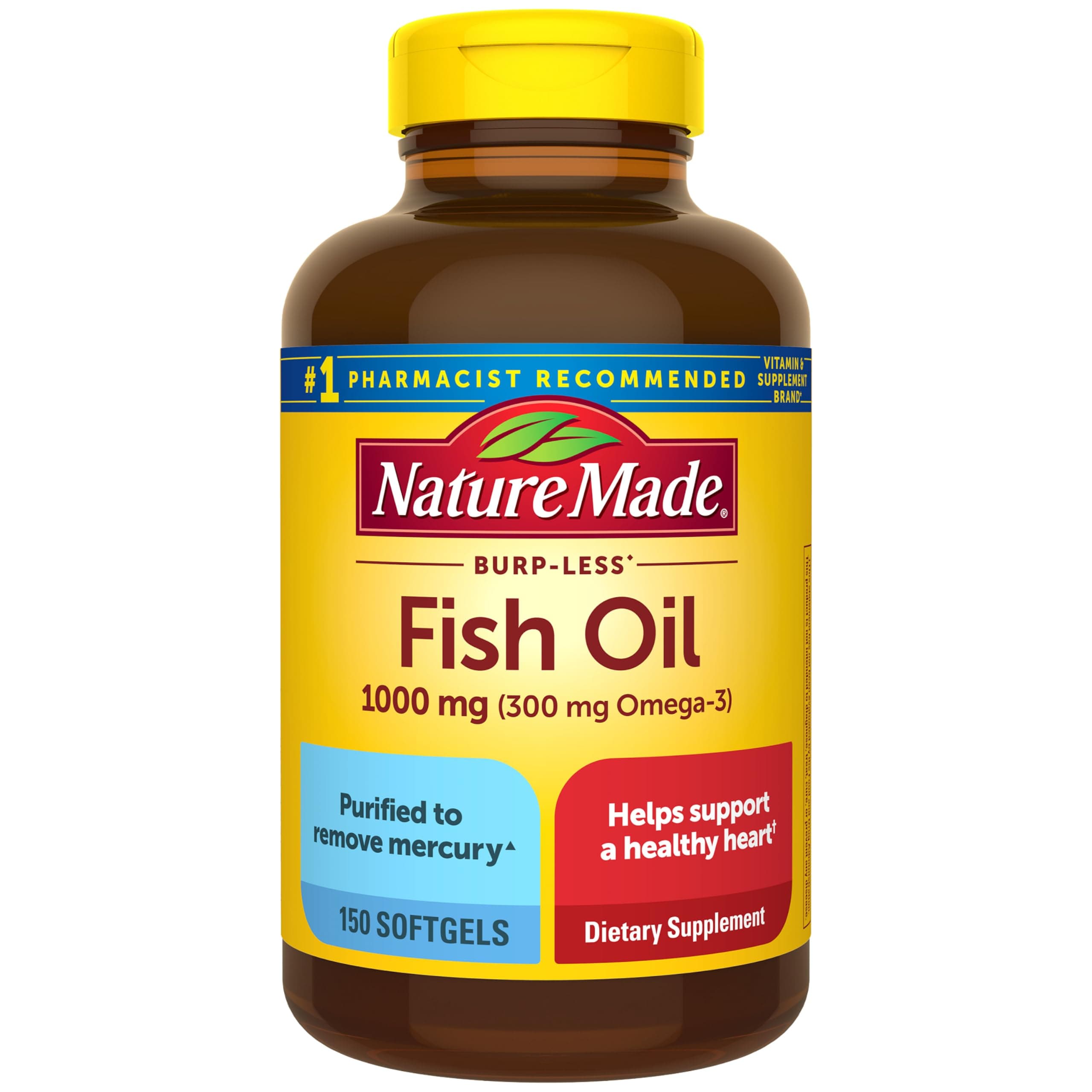 Nature Made Burp Less Fish Oil Omega 3, 1000mg Softgels, 150 Softgels | EPA DHA Omega 3 Fish Oil Supplements for Healthy Heart Support, 75 Day Supply