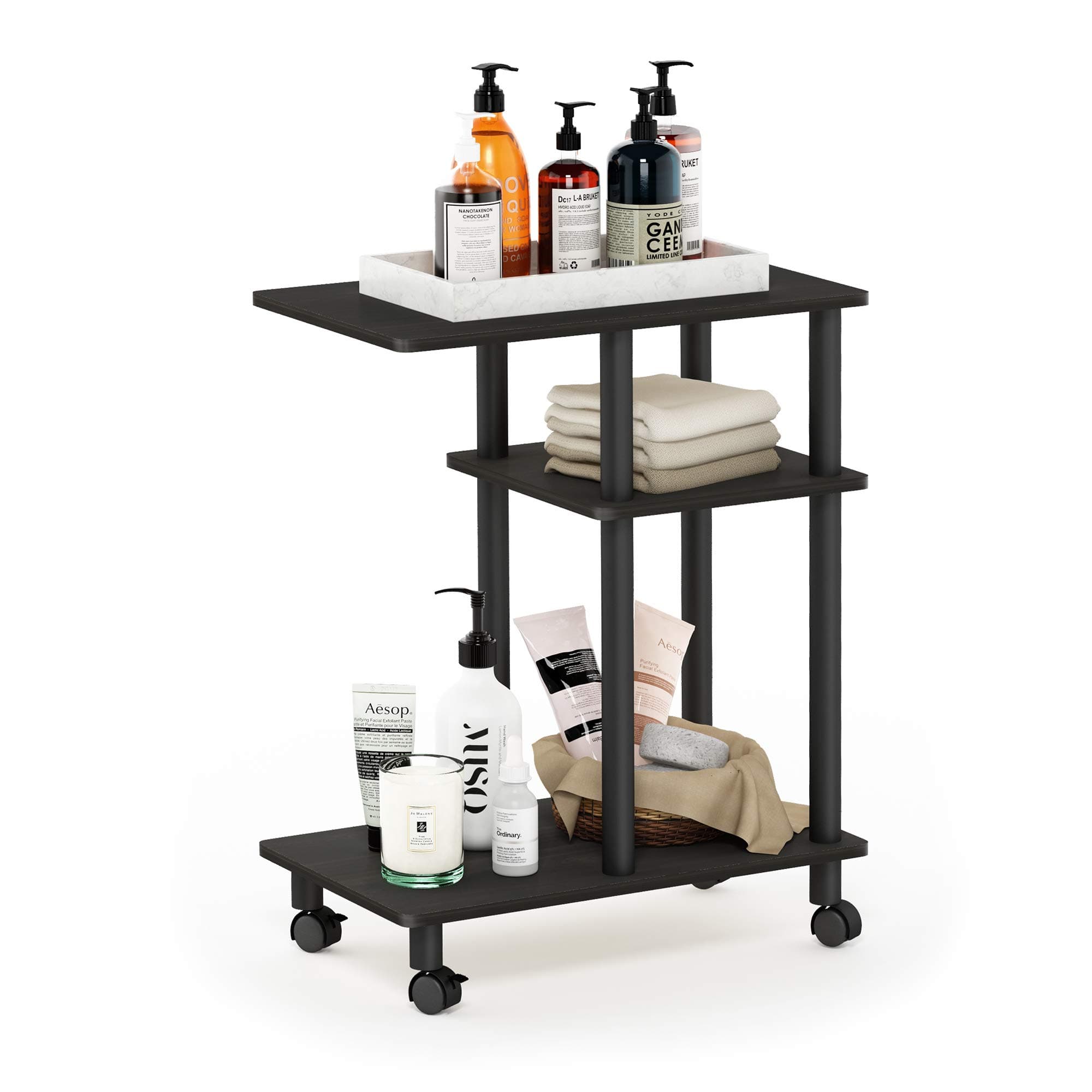 Furinno Turn-N-Tube C Shaped Side Table With Casters, Espresso/Black | End Table with Wheels, Night Stand, Bedside Table with Open Shelf, for Living Room, Bedroom