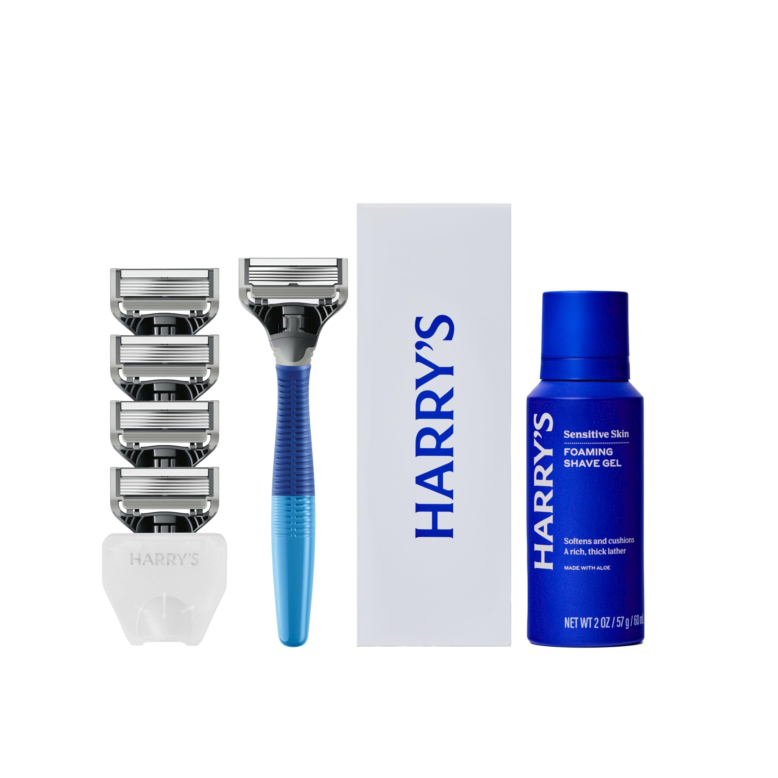 Harry's Original Shaving Kit for Men - Razor Handle, 5 Refills, Shave Gel | Includes Travel Blade Cover - TSA Approved Travel Essentials - German Engineered - Ocean Blue