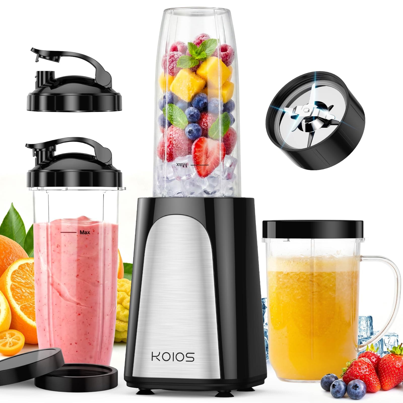 KOIOS 1000W Smoothie Blender, 15-in-1 Single Serve Set, Press-Twist Design | Personal Blender & Kitchen Countertop Smoothie Maker with 2x24oz+17oz Cup, Detachable 4-Blade, Frozen Drinks, Protein Shakes
