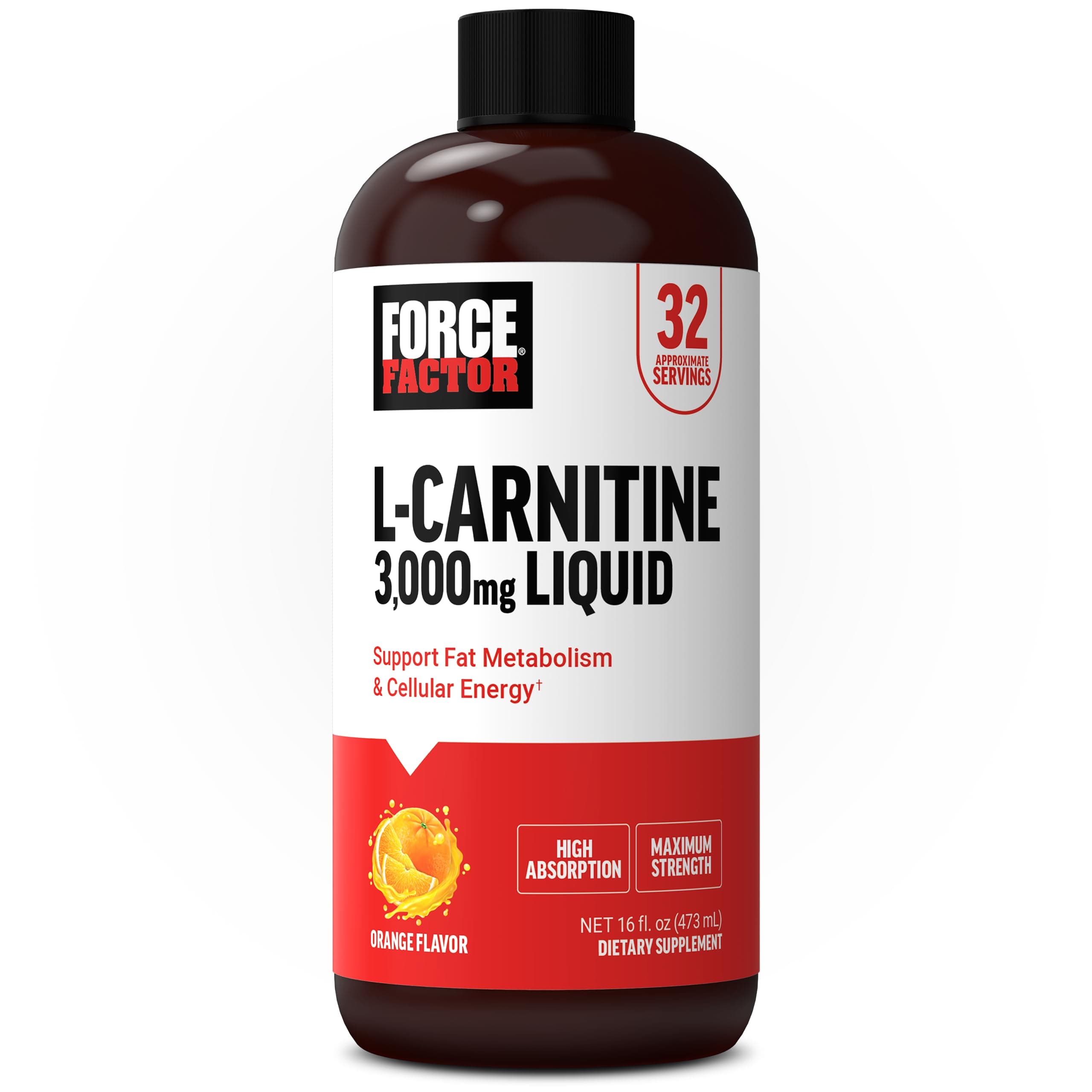 Force Factor L-Carnitine Liquid 3000mg, Maximum Strength Supplement | Support Fat Metabolism, Cellular Energy & Muscle Recovery, High Absorbing, Non-GMO, Orange Flavor, 16 oz Bottle