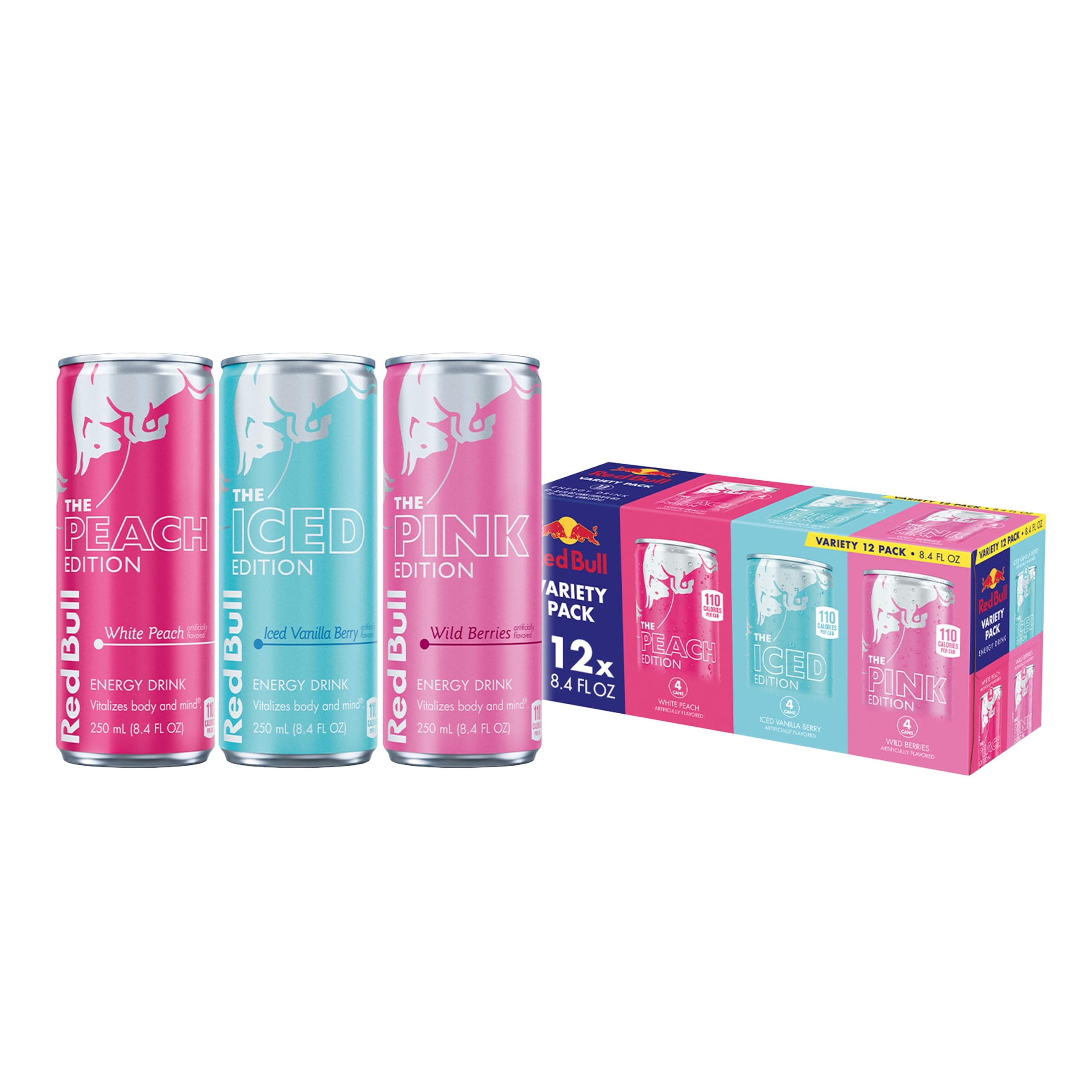 Red Bull Energy Drink, Variety Pack | Peach, Iced Vanilla Berry, Pink, contains caffeine, taurine, B-vitamins, sugar, and water, 8.4 fl oz, pack of 12 cans