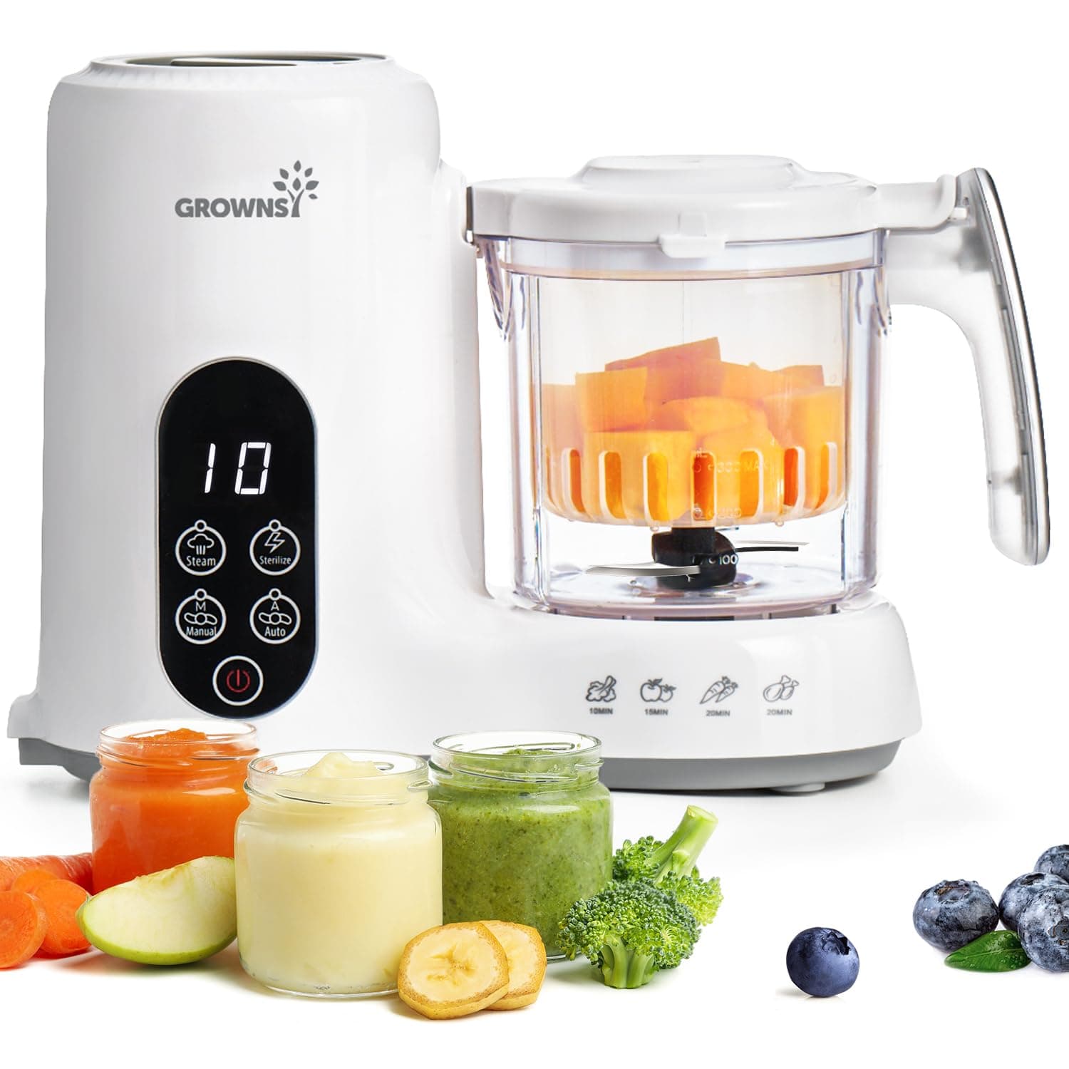 Grownsy Baby Food Maker, Steamer & Blender Baby Food Processor, White | BPA-Free Elevated Steam Basket, Healthy Homemade Baby Food Purees, Starting Solids & BLW, Baby Feeding Essentials, 6+ Months