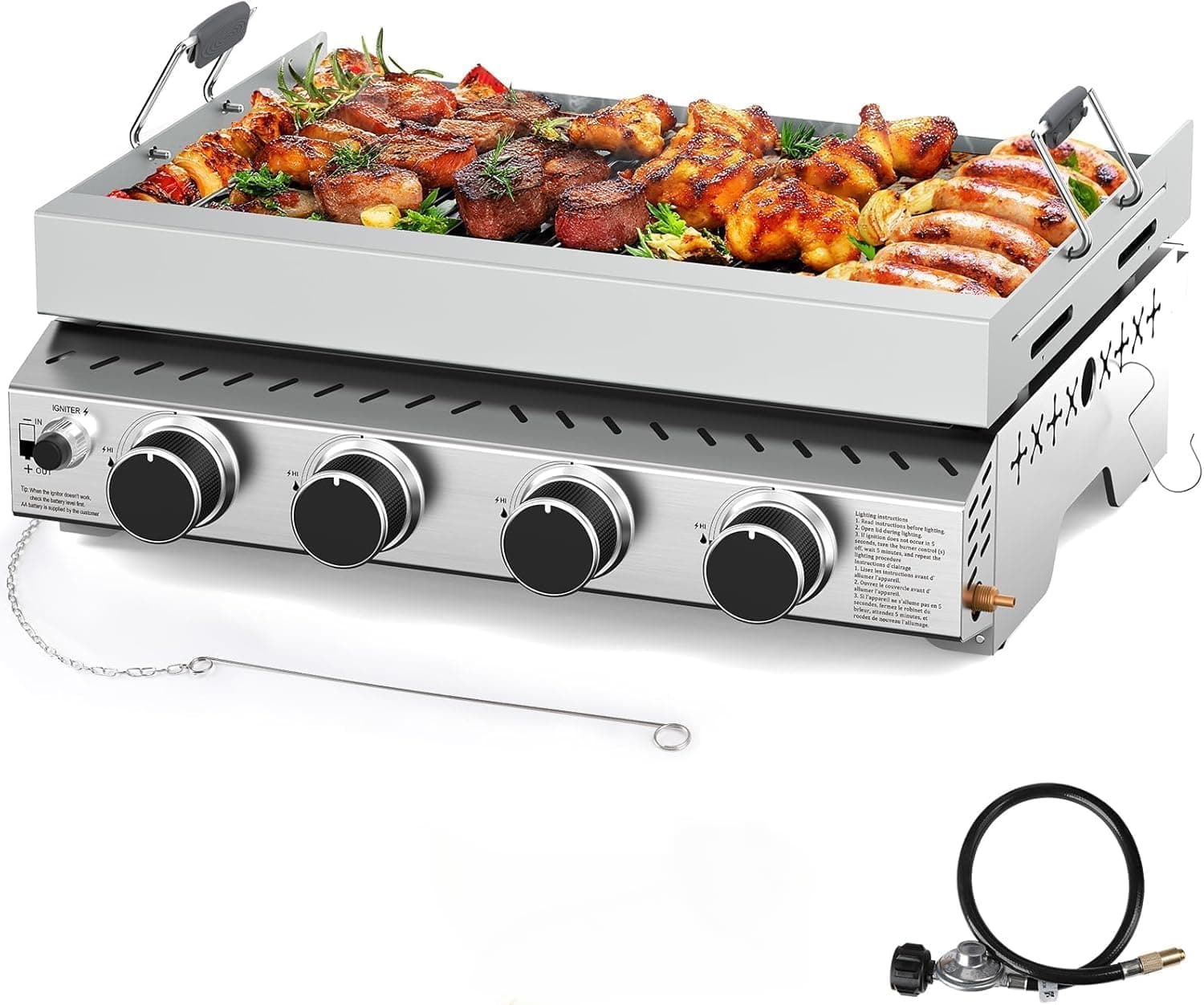 COWSAR 4-Burner Tabletop Propane Gas Griddle – 24-Inch Detachable Flat Top Grill with Handle, 32,000 BTU Portable Stainless Steel BBQ for Camping, Outdoors & Tailgating