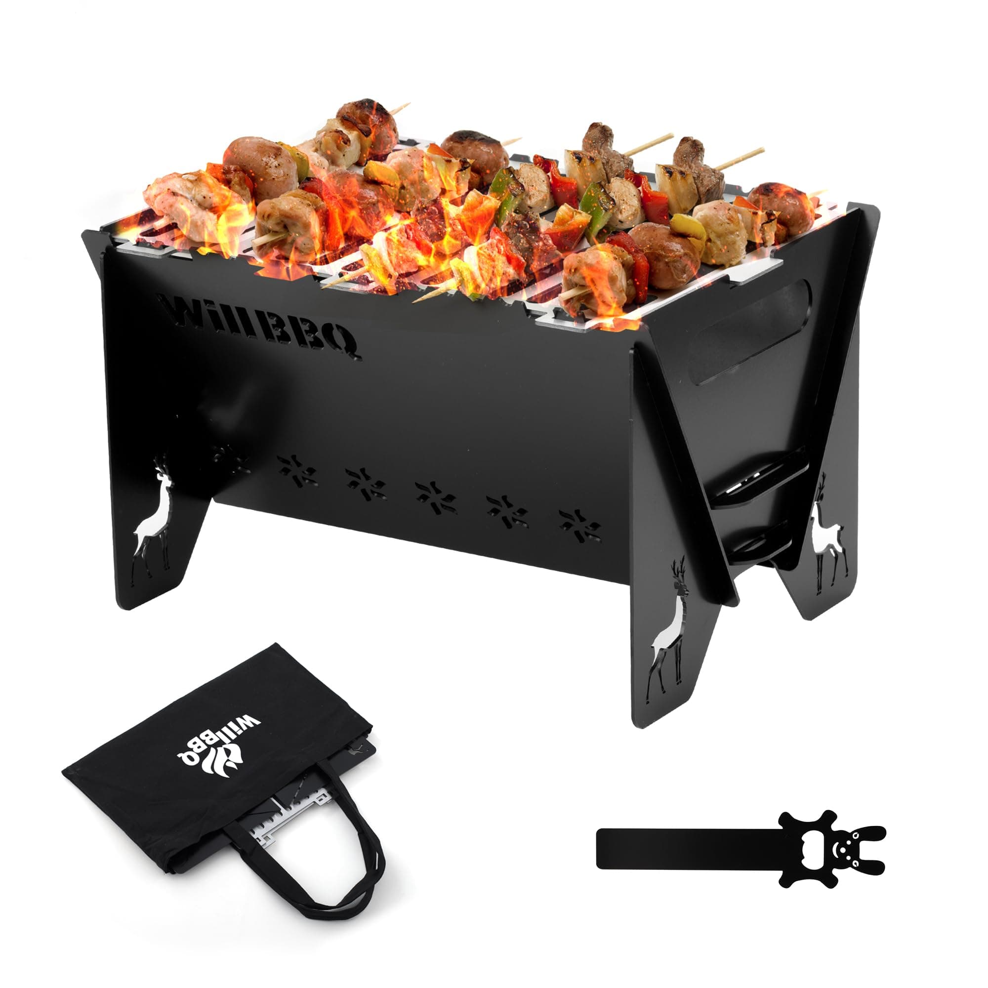 WILLBBQ Folding Portable Charcoal Grills for Outdoor Cooking Bonfire BBQ | Heavy Duty Iron, for Picnic Patio Backyard, Firepit and Barbecue Grill, Lightweight Easily Set Up with Carry Bag Compact Size
