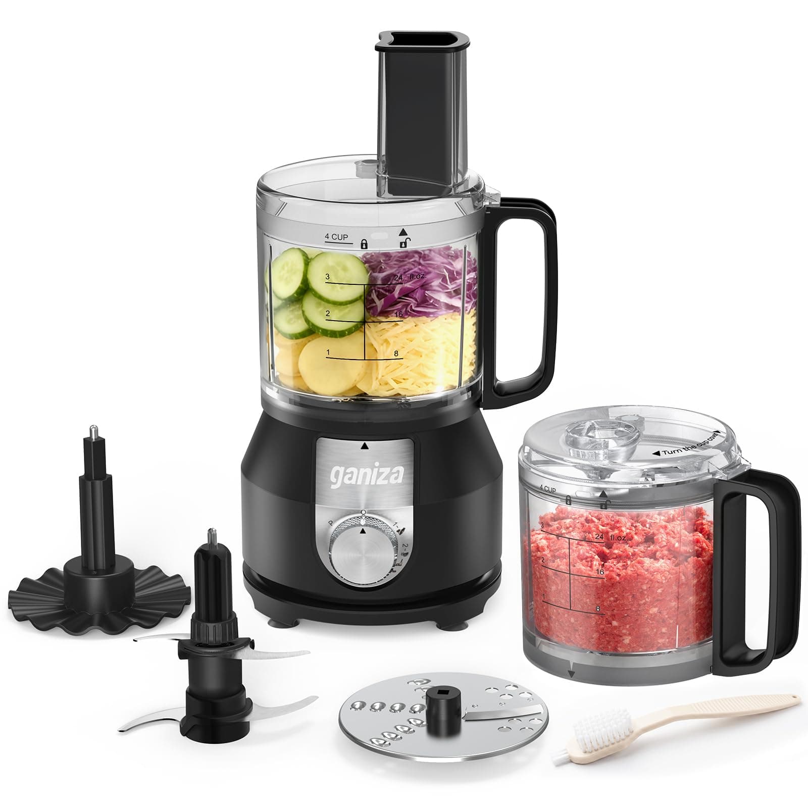 Ganiza 4-in-1 Food Processor with 2x4-Cup Bowls, Slice, Shred, Mince, Whisk | 600W Peak Food Chopper & Meat Grinder for Chicken, Vegetables, Sauces, Cheese, Nuts | 2Speeds + Pulse | BPA-Free, Clean Brush