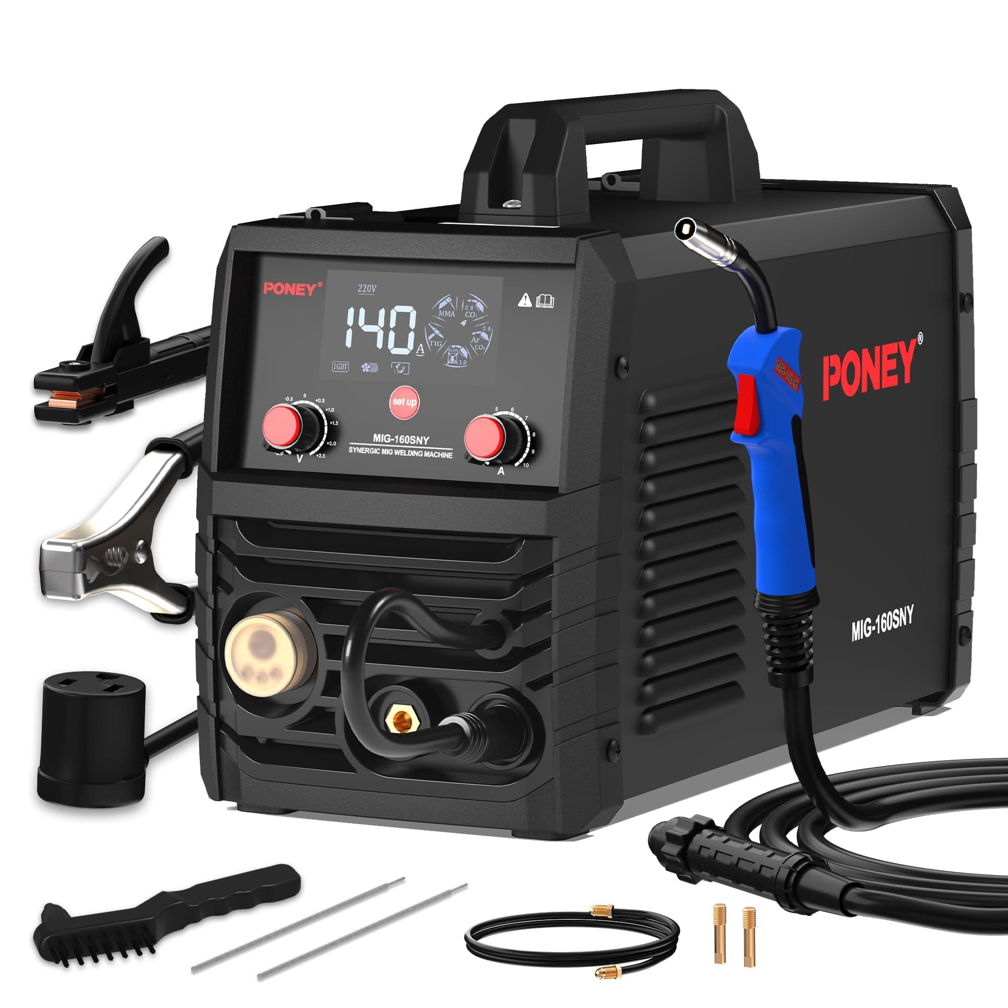 PONEY 140A MIG Welder 110V/220V - 5 in 1 Portable Dual knobs | Gasless MIG/MAG/FLUX/TIG/MMA Welding Machine, Synergic Control, IGBT Inverter & LED Display, Dual Voltage,Dual knobs