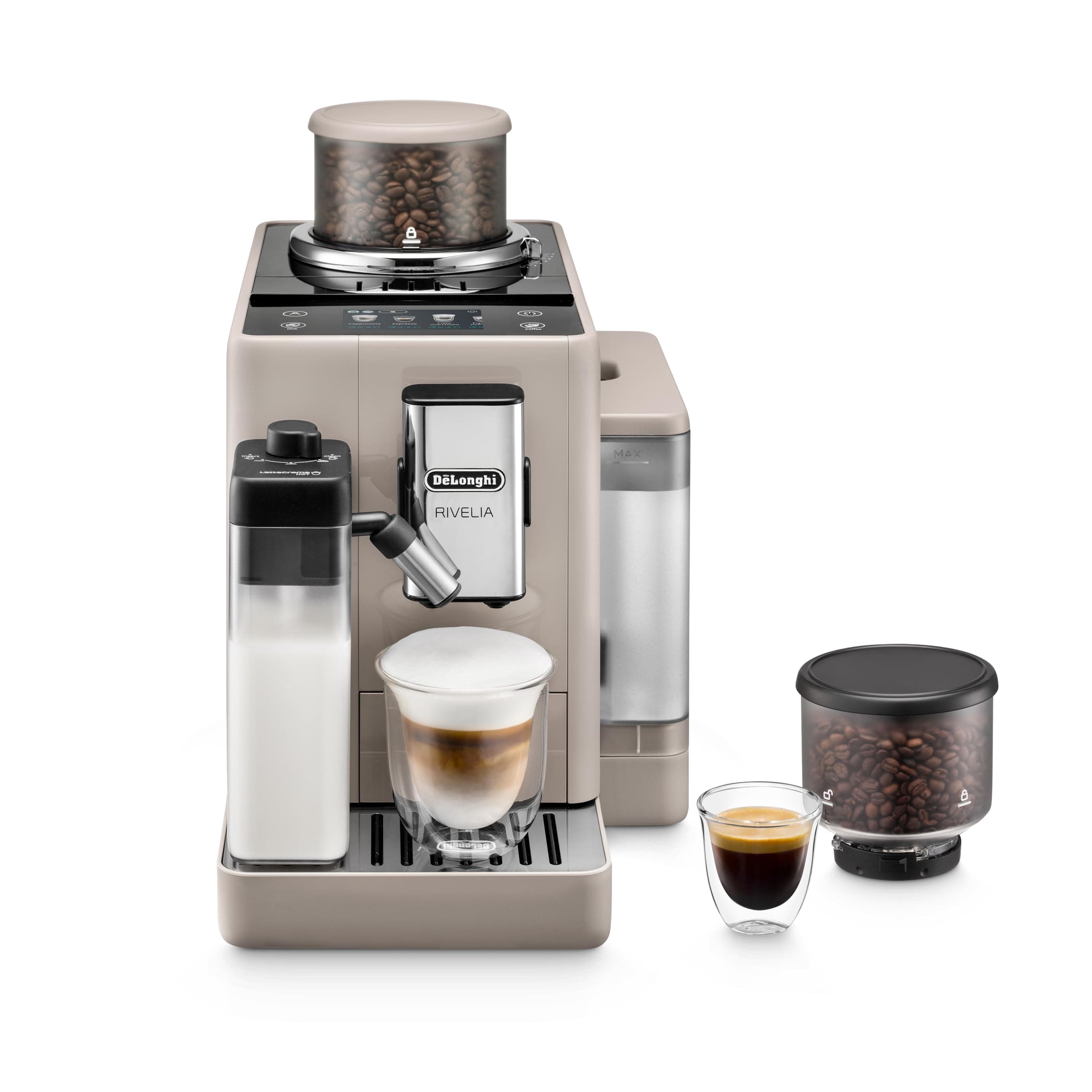 De'Longhi Rivelia Automatic Espresso Machine, Grinder, Milk Frother, Beige | #1 Worldwide Espresso Machine Maker, Removable Bean Hoppers, 18 One-Touch Recipes, Milk Frother, 4 Unique Colors