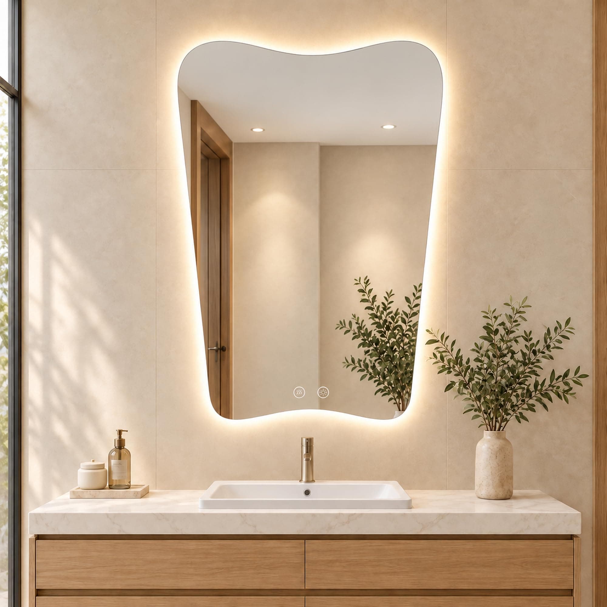 PIUDOC 24 x 36 Inch Irregular LED Bathroom Mirror for Single-Sink Vanity | Backlit bathroom mirror with lights; 3000K Warm, 4000K Natural, 6000K Cool; dimmable; heated anti-fog area; tempered glass