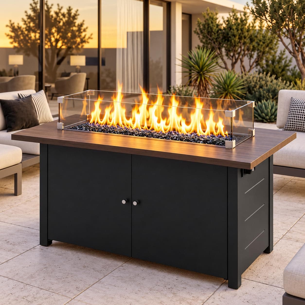 Lausaint Home Propane Fire Pit Table 43 Inch with Lid, 60,000 BTU Gas Fire Pits for Outside Patio with Glass Wind Guard, Dark Black