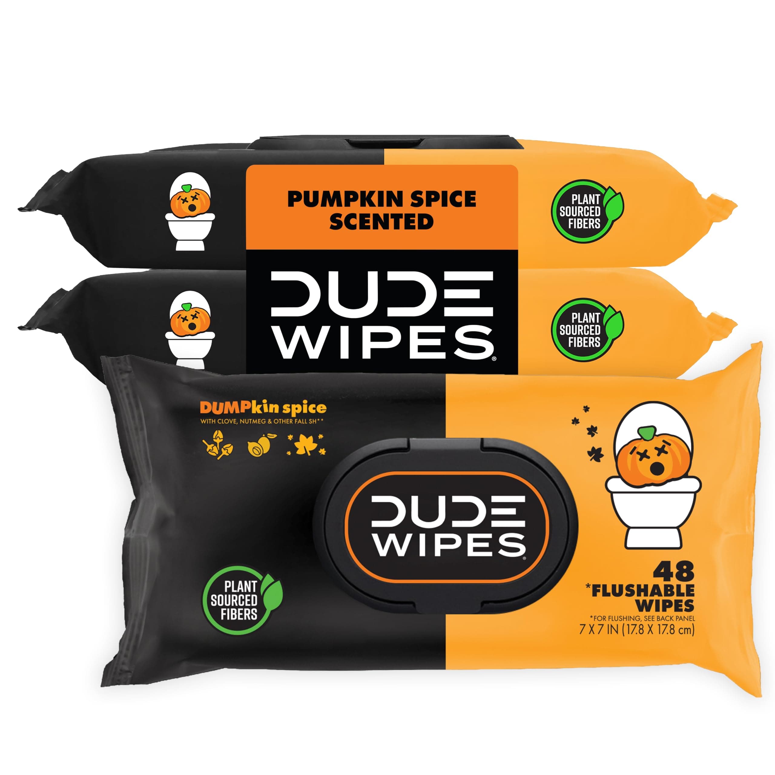 DUDE Wipes Dumpkin Spice Adult Flushable Wipes, Pumpkin Scented, 144 Count | Pumpkin spice scented XL flushable butt wipes. Septic safe, plastic-free wipes. Clove and nutmeg with aloe. 3 packs of 48.