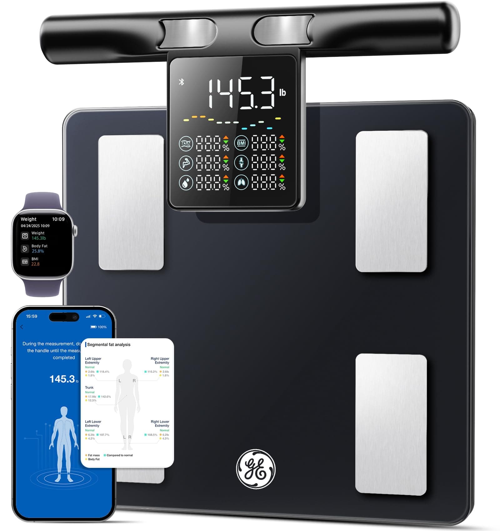 GE Smart Scale for Body Fat with BMI Muscle Mass: 5.3-inch Handle Display | 8-Electrode Weight Scale, Full Body Composition Analysis, for Bathroom and Gym, 50+ Metrics, Bluetooth App Sync, Black