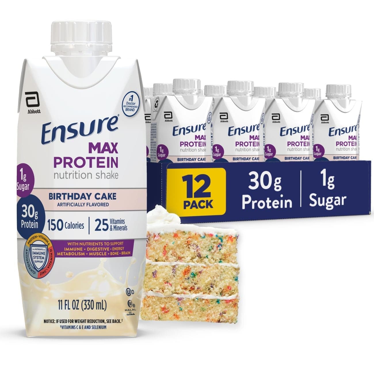 Ensure Max Protein Birthday Cake Shake, 30g High Protein, 12 Pack | 30g Protein to Support Muscle Health & Manage Hunger for Adults, Each Protein Shake has 1g Sugar, 150 Calories, 4g Fiber