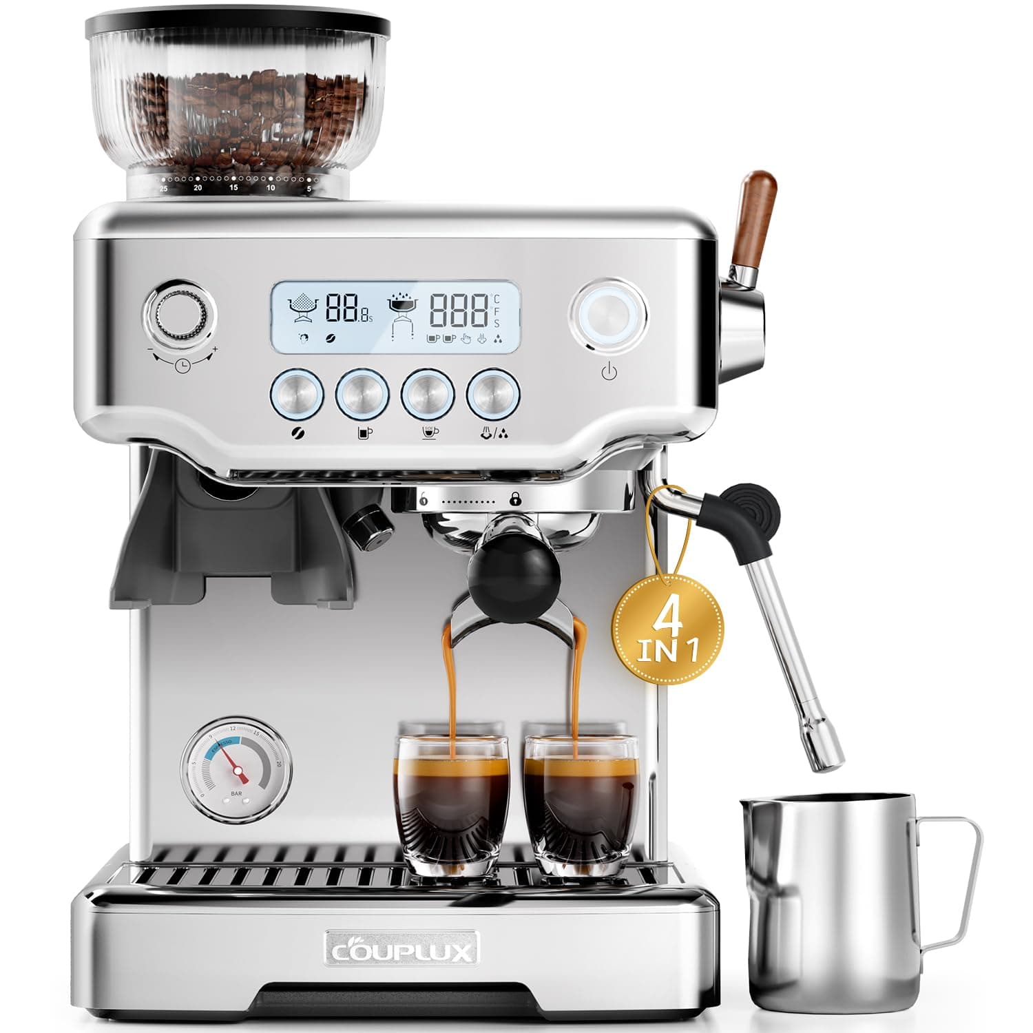 COUPLUX Smallest 58MM Espresso Machine with Grinder, 5 Temp 205℉ Max | 30 Grind Settings with Anti-static, 15 Bar Espresso Machine with Powerful Milk Frother for Americano, Cappuccino, Latte