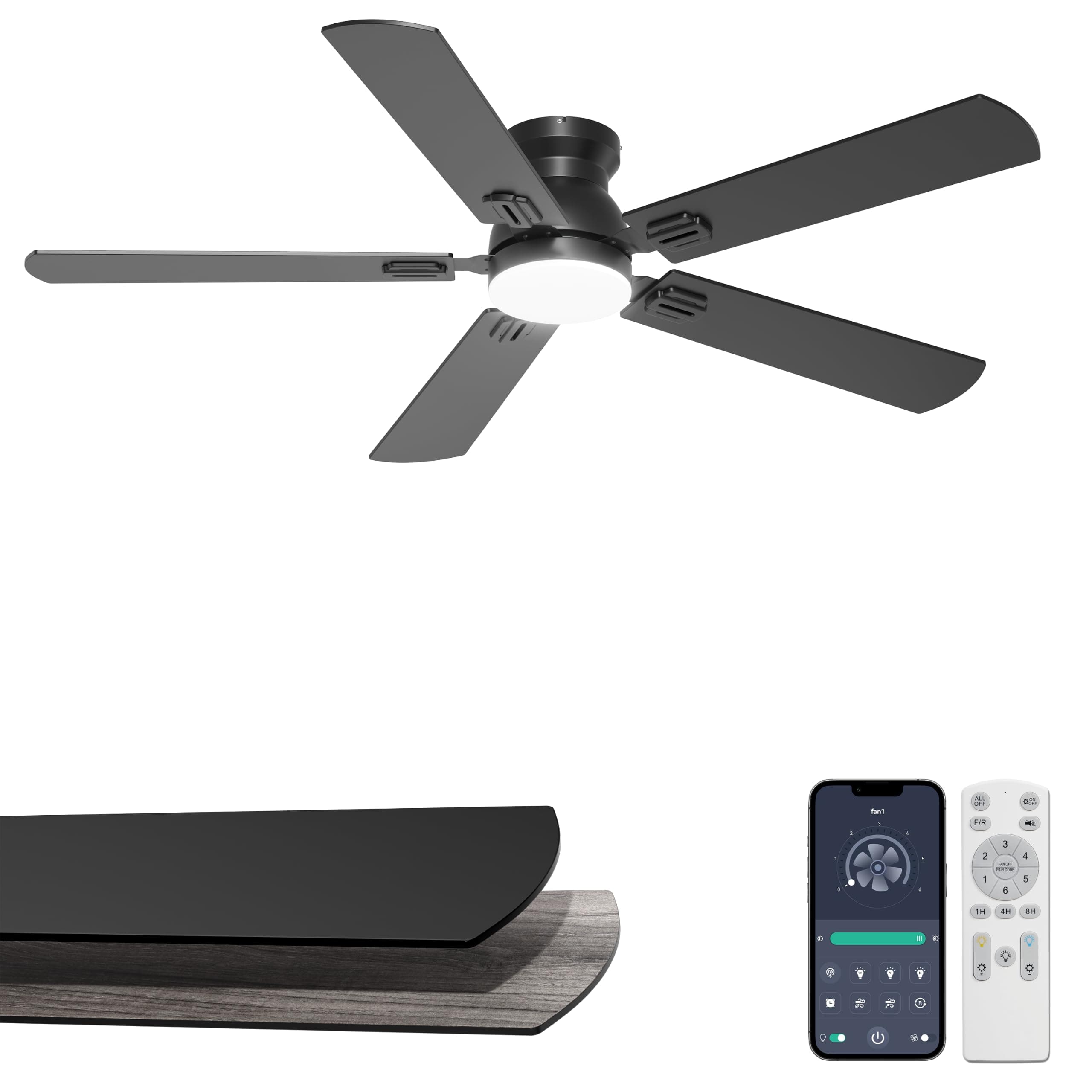Phylluz 52'' Black Flush Mount Ceiling Fan with Lights for Bedroom | App/Remote Control, Low Profile, Space-Saving, Quiet DC Motor, 3CCT Dimmable, 6 Speeds Modern Overhead Fan for Low Ceilings