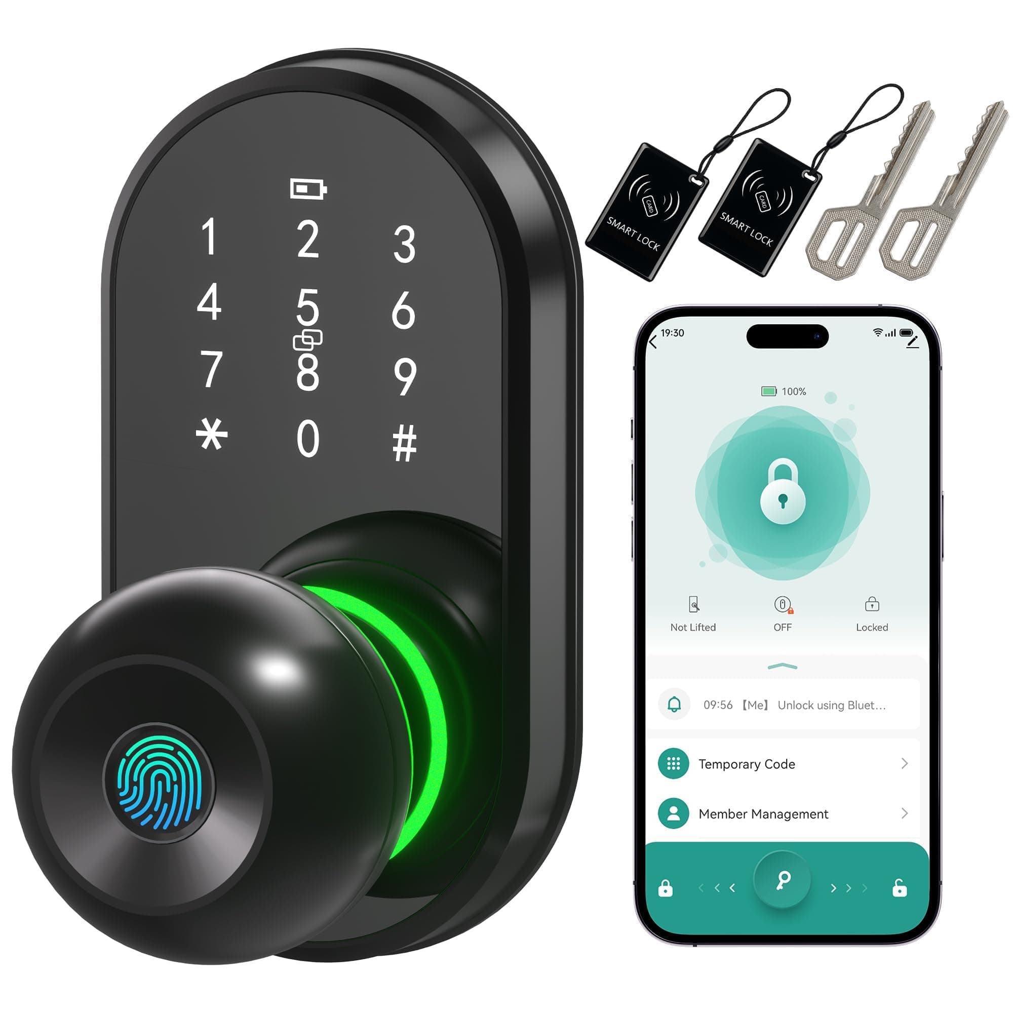 Smart Door Lock Knob Fingerprint Keypad Keyless Entry Lock for Front Door | Touchscreen Keypad, Electronic Digital Code for Front Door, App Remote Control, Easy Installation