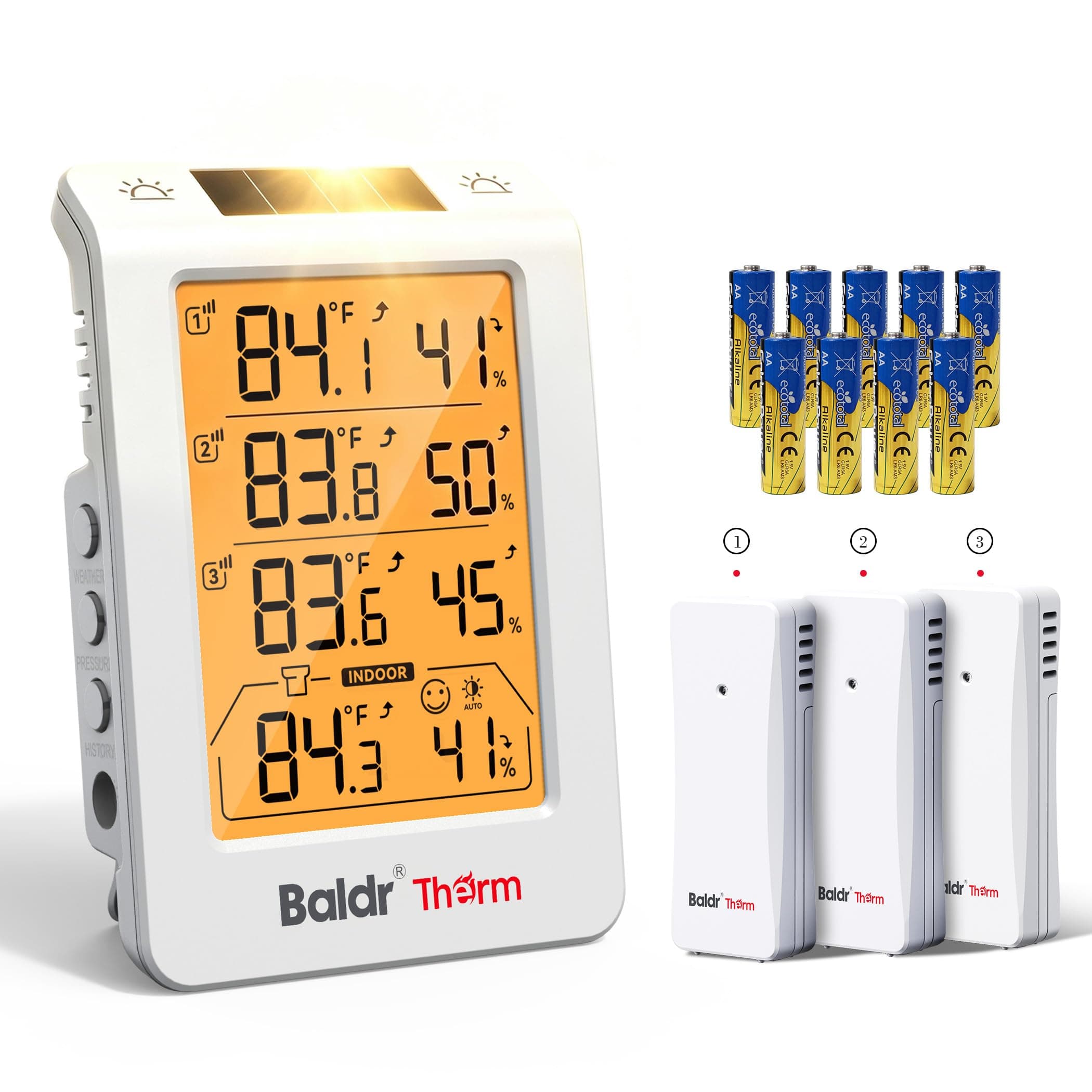 Baldr Wireless Indoor Outdoor Thermometer with 3 Remote Sensors 4.8" LCD | Proprietary RF Protocol 500ft, Solar Powered Temperature Humidity Monitor with Auto Backlight, Alerts for Inside & Outside