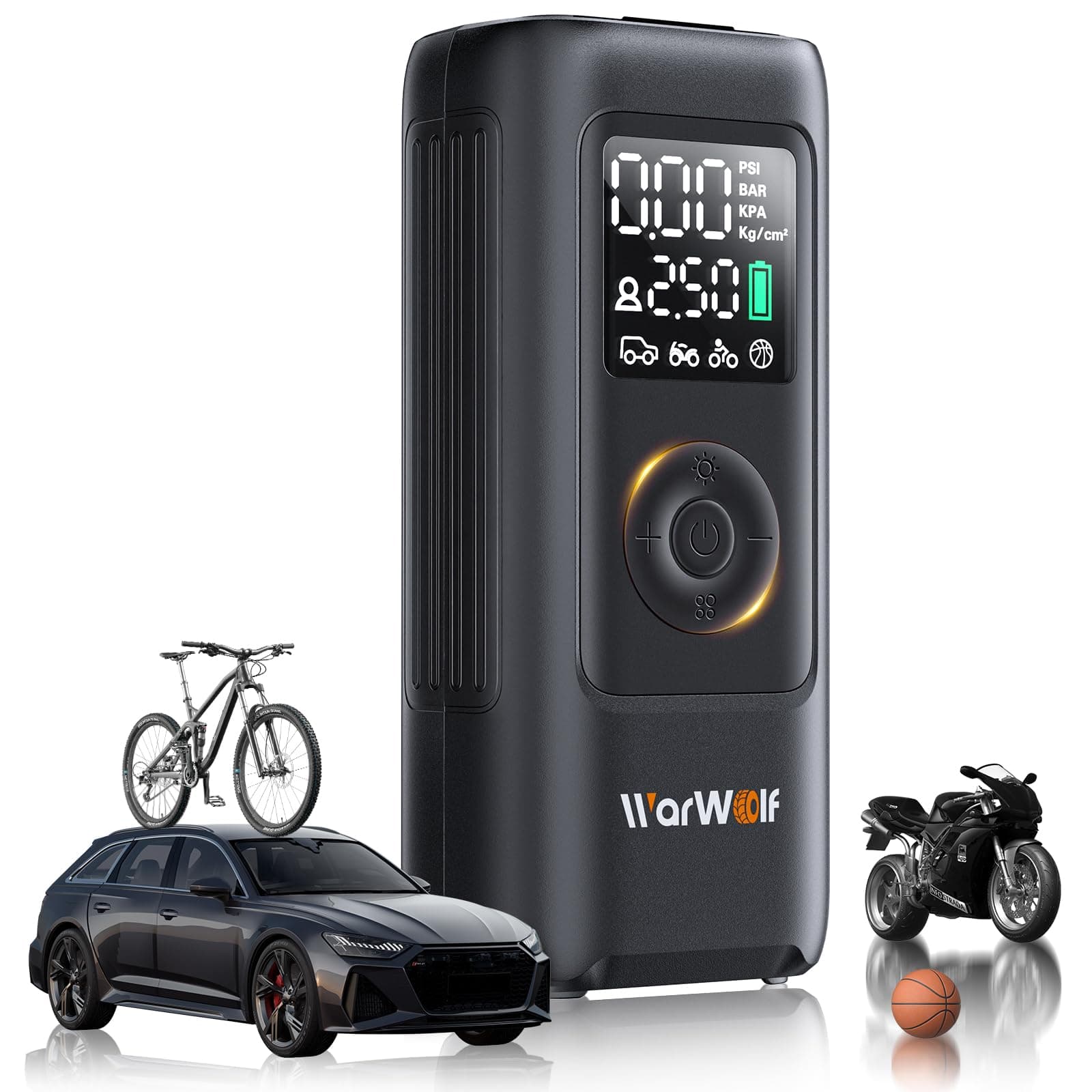 WARWOLF 160PSI Tire Inflator Portable Air Compressor, Air Pump for Car Tires with Pressure Gauge, Dual Power 12V DC, Auto Shut-Off, Rechargeable Tire Pump for SUV Truck Motorcycle Bicycle Balls