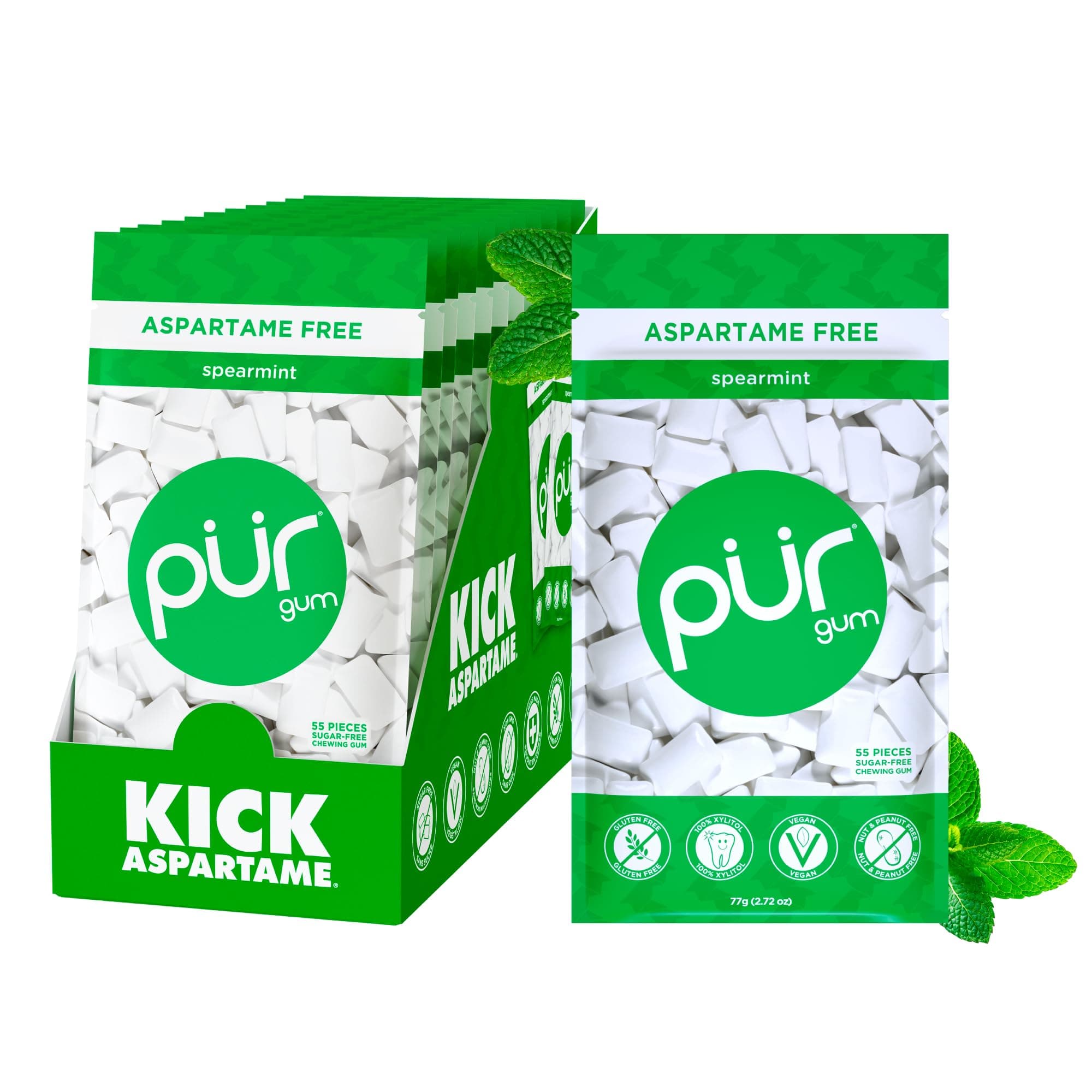 PUR Gum, Spearmint, Xylitol Gum, No Artificial Flavor, 660 Count (12x55) | No Artificial Sweeteners, Vegan, Sugar Free, Gluten Free, Soy Free, Nut & Peanut Free, Swiss Made, Keto Friendly chewing gum