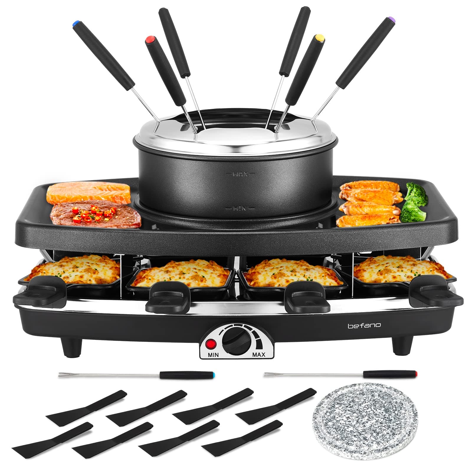 Electric Raclette Grill With Fondue Pot, 1100W Table Grill for 8 Peopl | 3-In-1 Raclette, Fondue And Grill Design, 1100W Heating, 8 Serving Pans, Adjustable Temperature for Indoor Gatherings