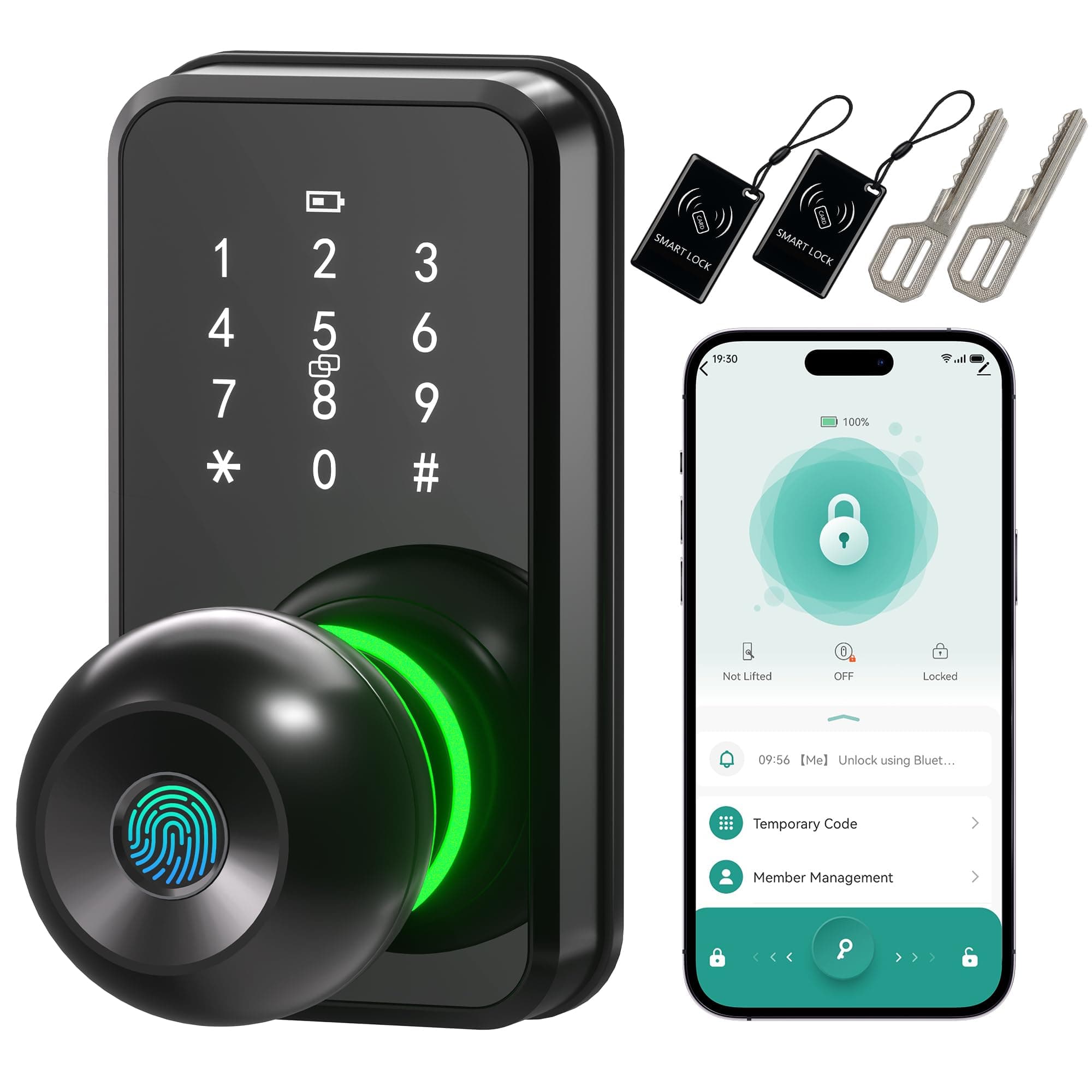 Smart Door Lock Knob Fingerprint Keypad Keyless Entry Lock for Front Door | Touchscreen Keypad, Electronic Digital Code for Front Door, App Remote Control, Easy Installation