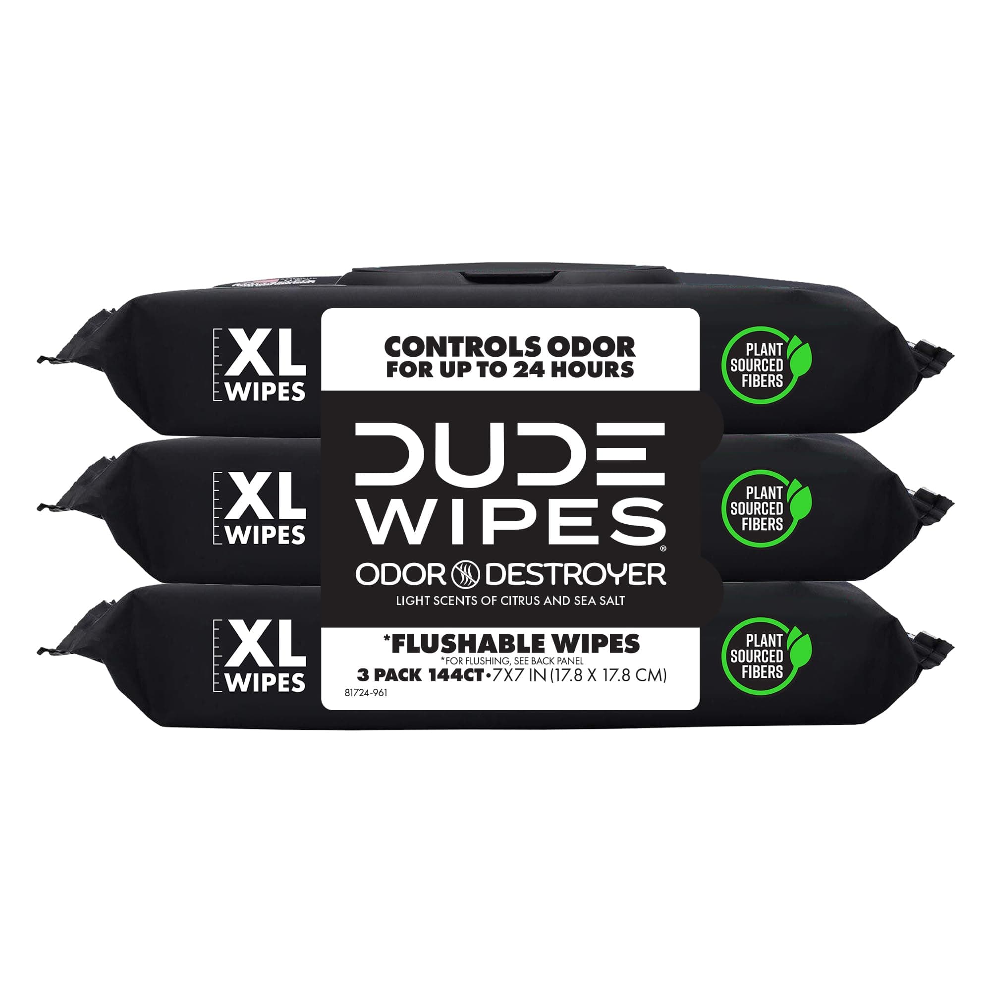 DUDE Wipes Odor Destroyer Adult Flushable Wet Wipes, Deodorizing, 144 Count | Controls odor for up to 24 hours. 99% water, extra large flushable butt wipes. Lightly scented. Septic safe. 3 packs of 48.