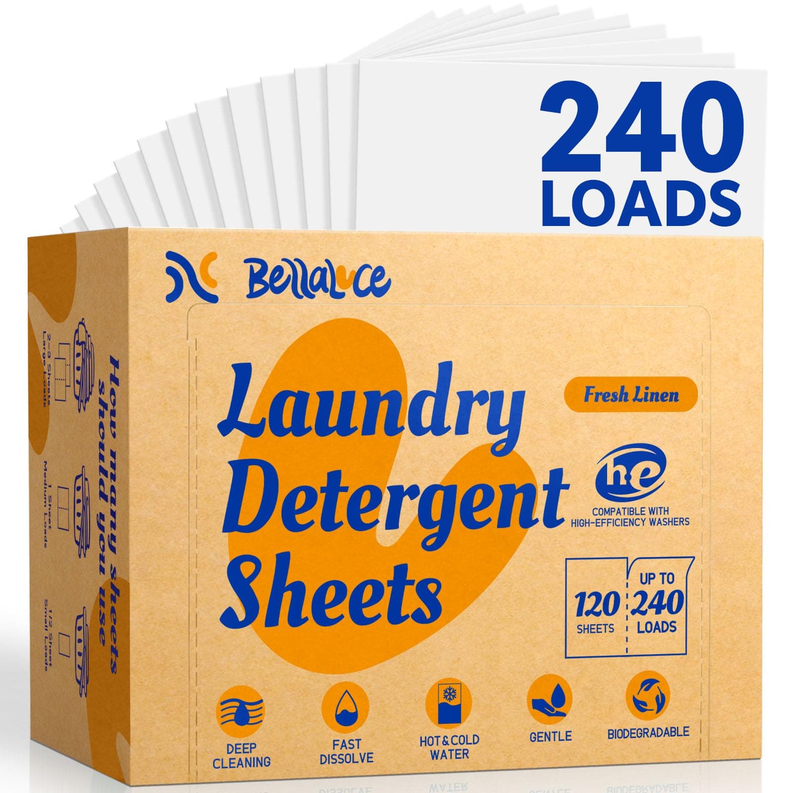 BellaLuce Laundry Detergent Sheets, Fresh Linen Scent, 240 Loads | Plastic-Free Laundry Detergent, Fast-Dissolving, Hypoallergenic Formula Laundry Sheets, Space-Saving for Home, Dorms & Travel