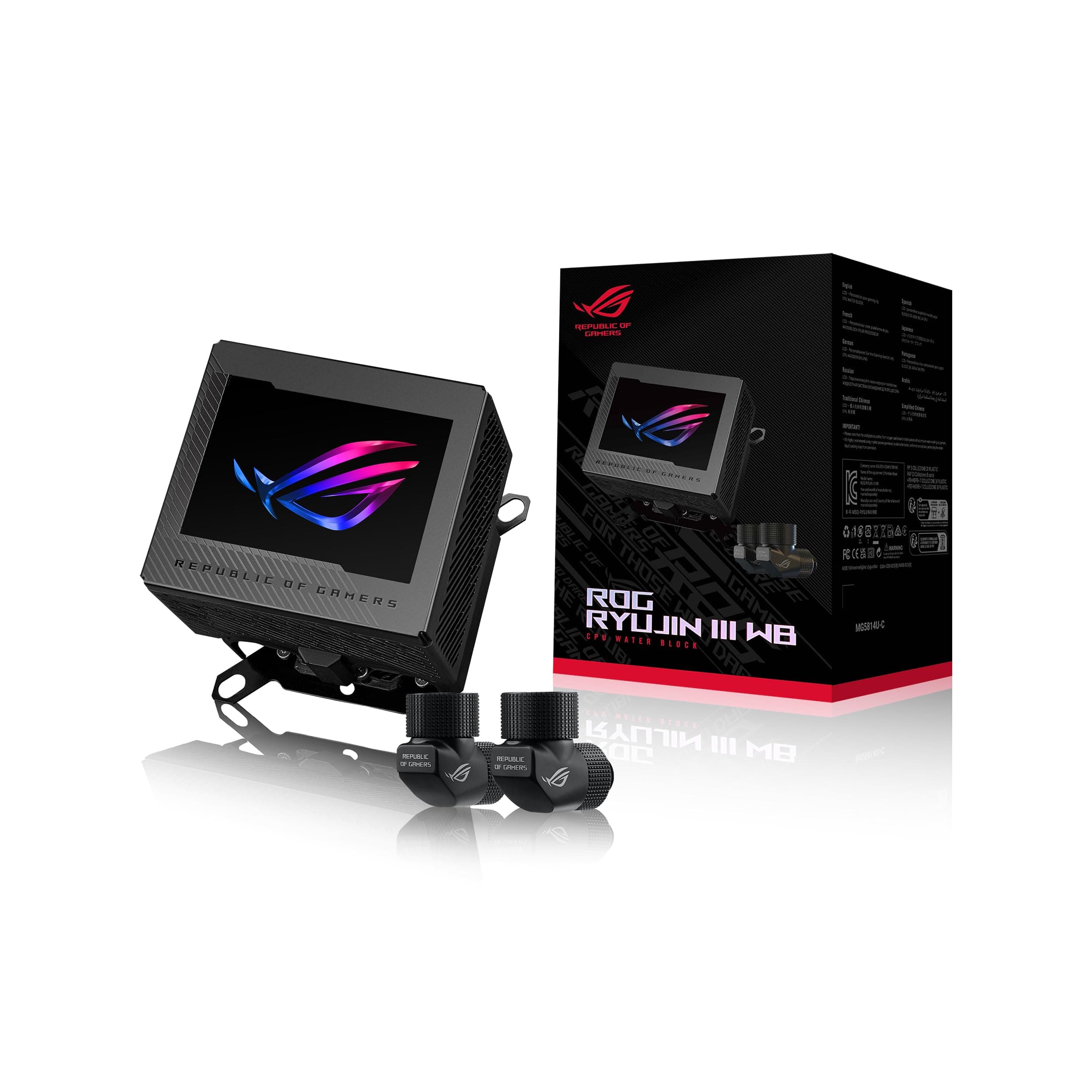 ASUS ROG RYUJIN III WB CPU Water Block-Intel LGA 1700, 1200, 115X, AMD Socket AM4, AM5 Asetek Copper Cold Plate Black, 178 Micro-Cooling, 3.5" Full Color LCD Display, Embedded VRM Fan, 3 Year Warranty