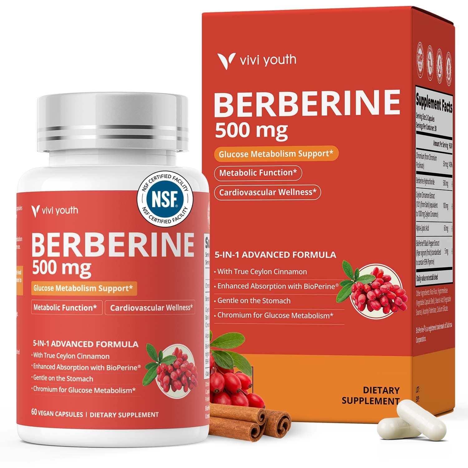 VIVI Youth Berberine HCI 500mg Supports Natural Wellness*, 60 Count | 30-Day Supply, 5 in 1 Ingredient, Health Support*, Gentle on stomach, Gluten Free, Non-GMO, Vegan