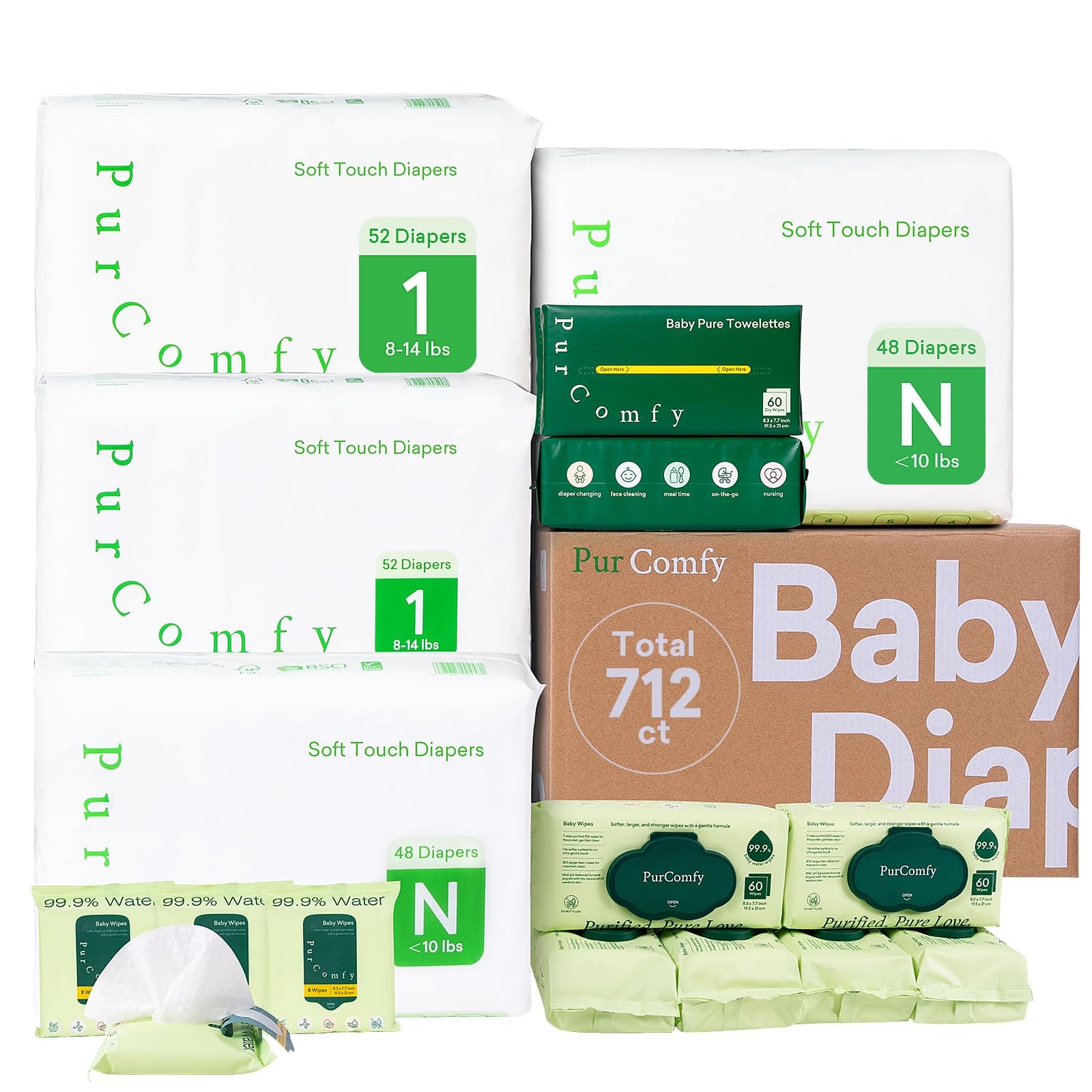PurComfy Baby Diapers and Wipes Kit, Size N+1, Baby Wipes, Baby Dry Wipes | Includes Size N (96Ct) ,Size 1 (104Ct), 6 Pack (360Ct) Baby Wipes, 2 Pack (120Ct) Dry Wipes, 4 Pack Tavel Wipe, Total 712 Ct