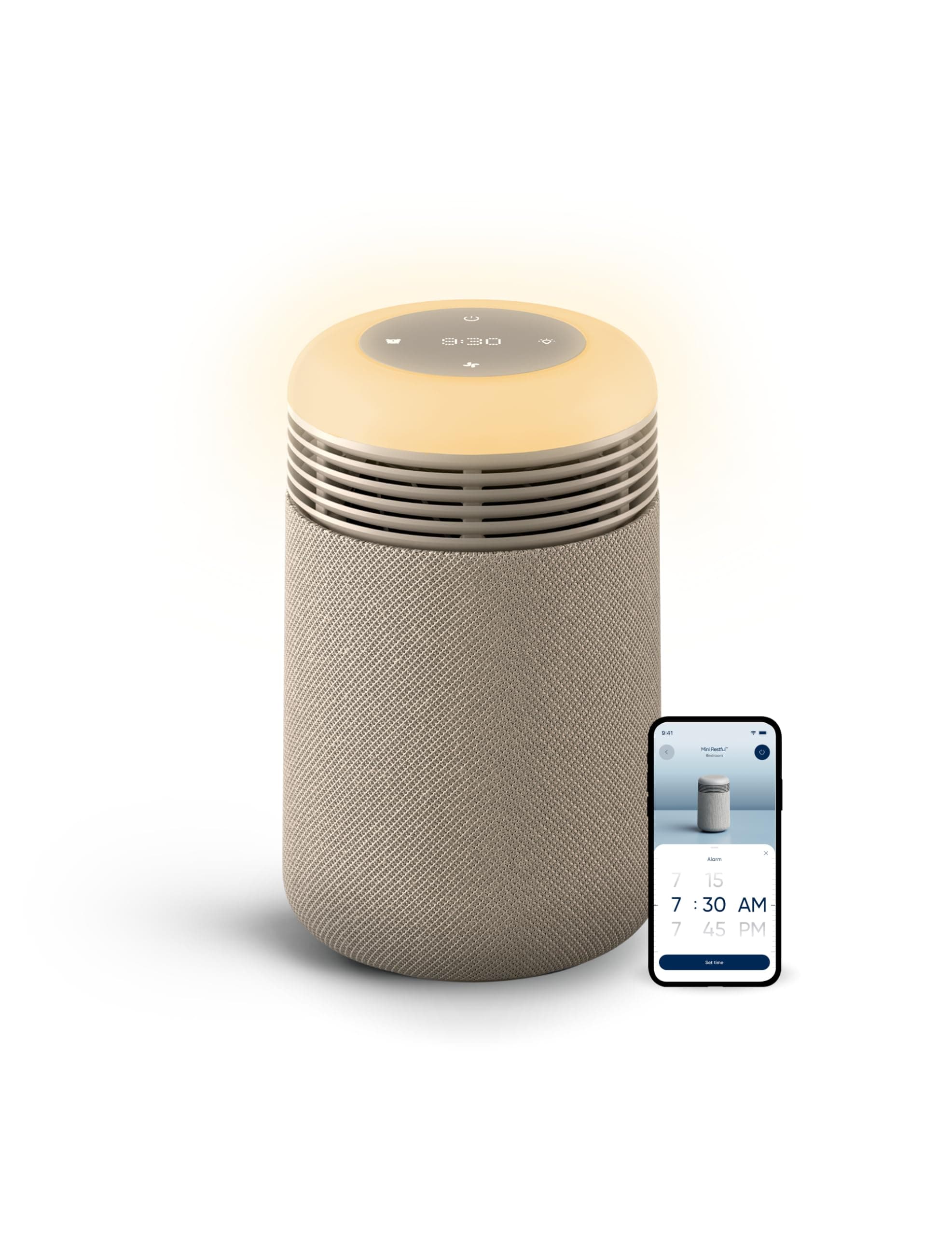 BLUEAIR Mini Restful Bedroom Air Purifier with Sunrise Alarm Clock, Beige | HEPASilent air purification, sunrise alarm, adjustable nightlight, clock, app-set alarms with sounds and schedules, USB-C