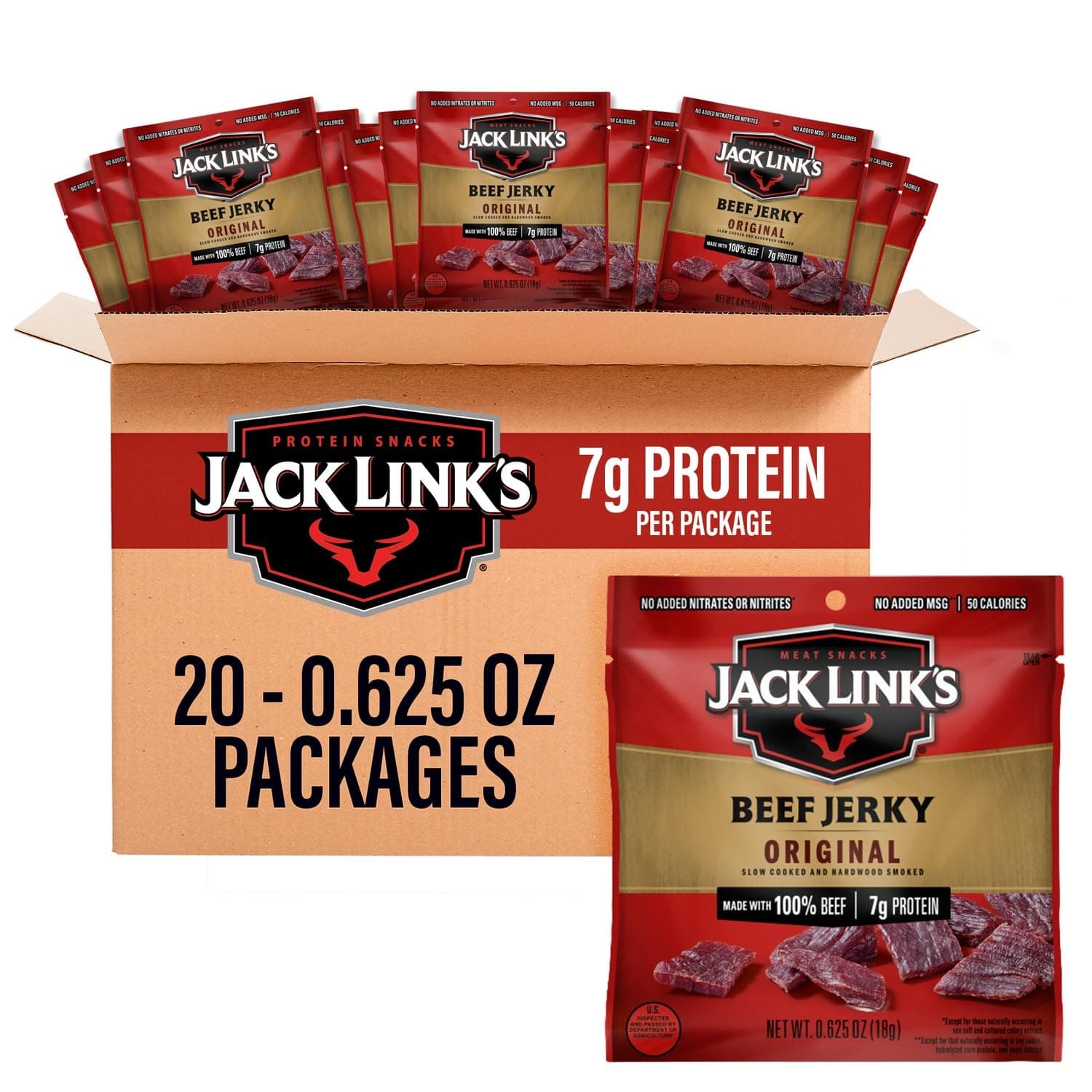 Jack Link's Beef Jerky Multipack - Original - 0.625 oz (20 Pack) | Made with 100% Real Beef - Ready to Eat Real Meat Protein Snacks - 7g Protein per Serving - Bags