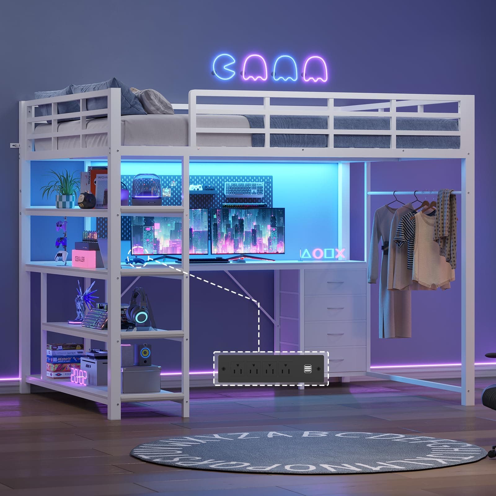 UPOSOJA Loft Bed Full Size with L Shape Desk,4 Drawers,3-Tier Storage Shelves Metal Loft Bed Frame with Power Outlet and LED Lighted,No Box Spring Needed,Space-Saving,Noise Free (White, Full Size)