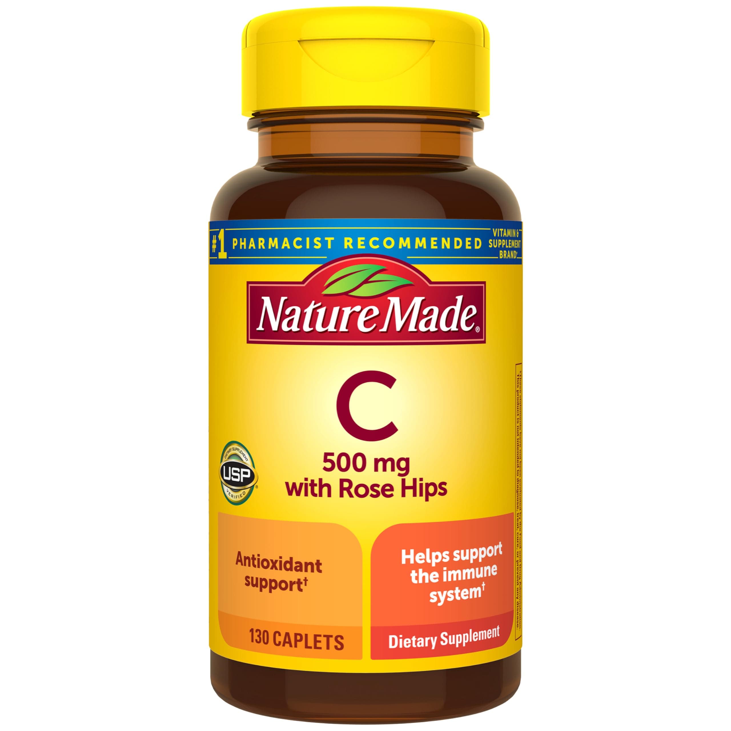Nature Made Vitamin C 500 mg with Rose Hips Caplets, 130 Caplets | Vitamin C for Immune Support and Antioxidant Support, 130 Day Supply