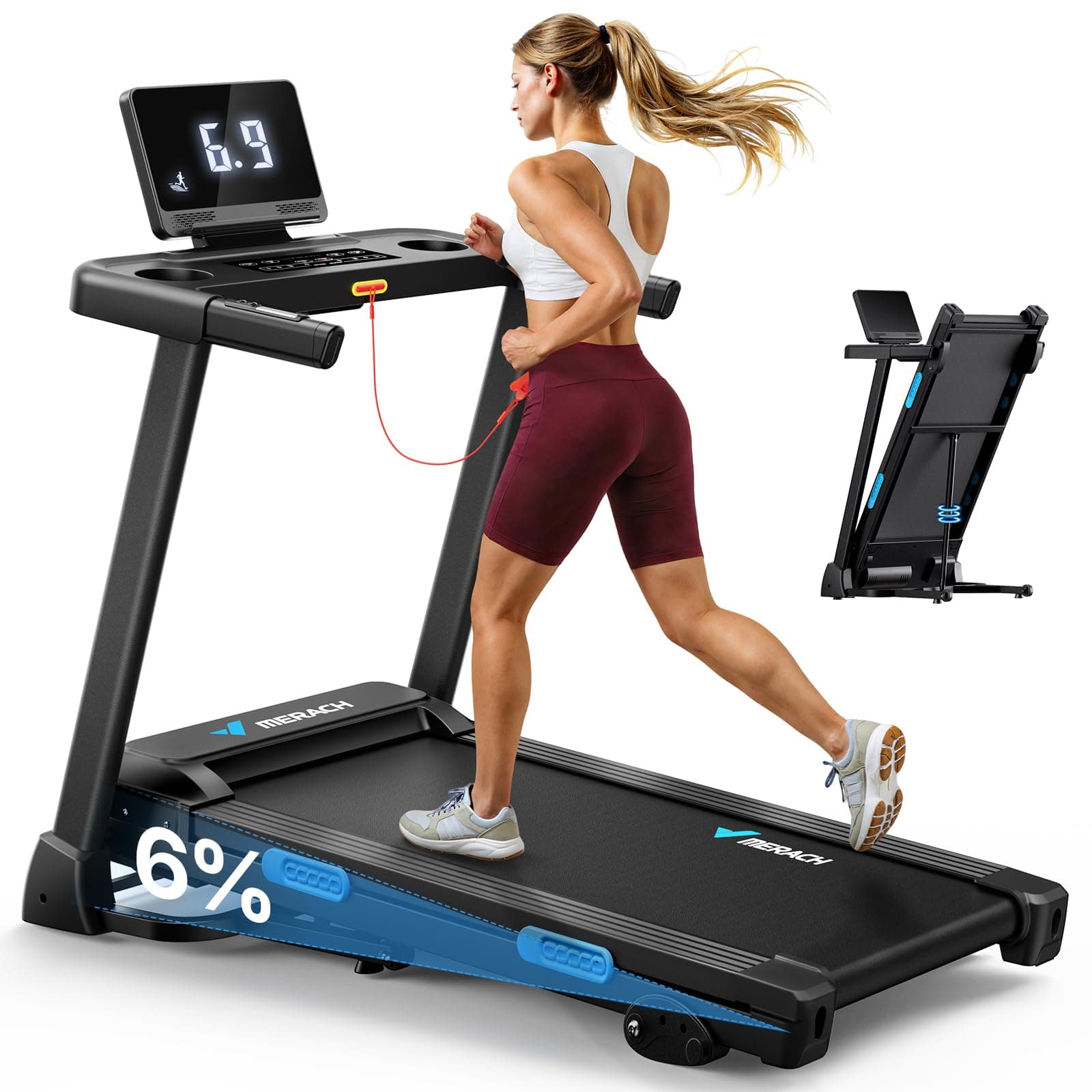 MERACH T12 Foldable Treadmill for Home, 300 LBS Capacity, Wide Running Belt | Incline Treadmill with Display, Smart App, 2.5HP Brushless Motor, Compact Design
