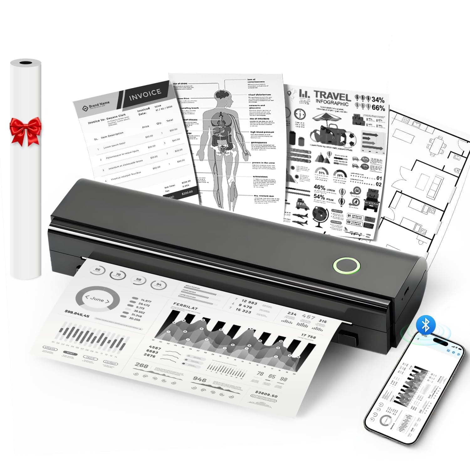 NDYIN Portable Printers Wireless for Travel, N80 Bluetooth Thermal Printer | Bluetooth Portable Inkless Thermal Printer Support 8.5" X 11" US Letter & A4, Compatible with iOS, Laptop, Android