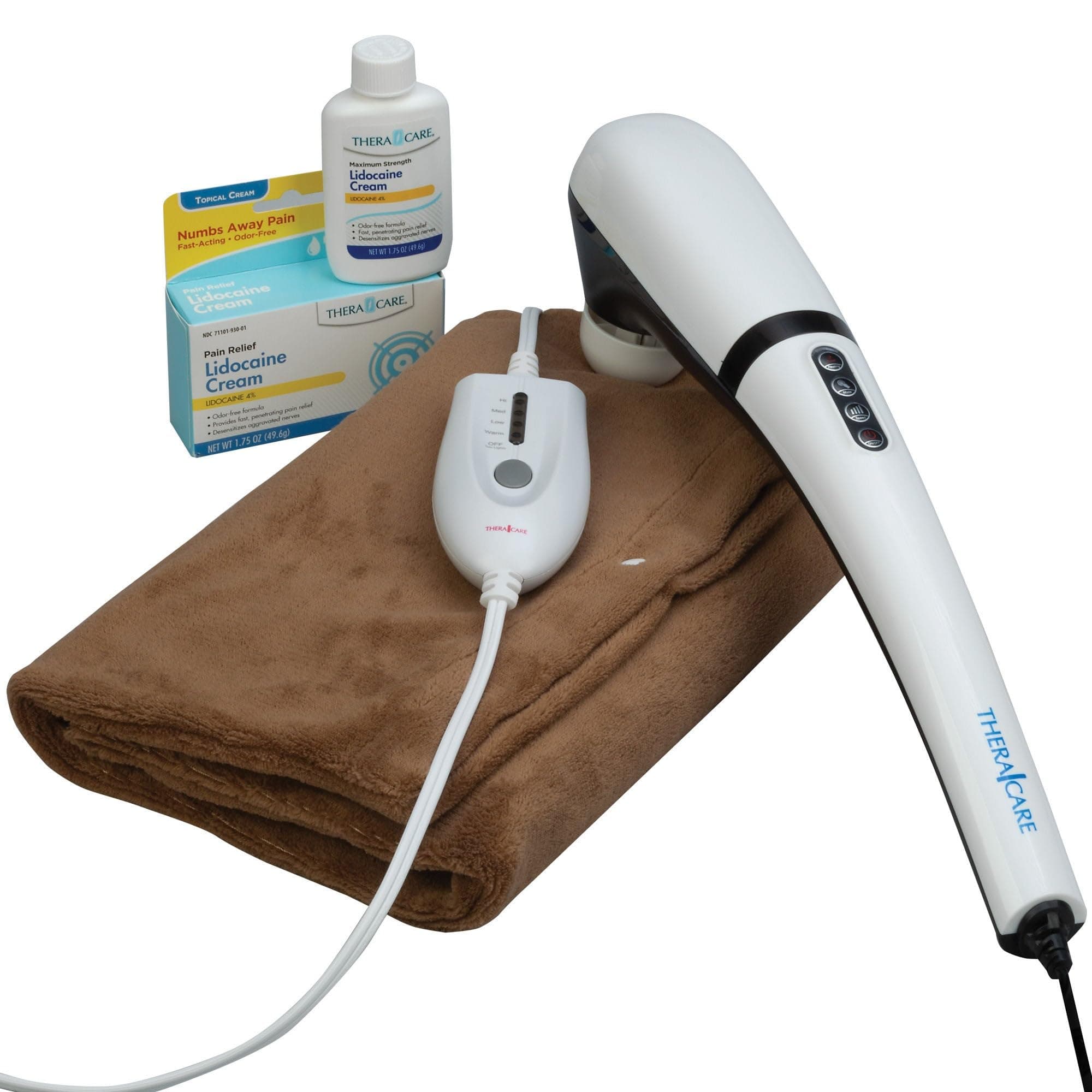 TheraCare Muscle & Joint Care Bundle, 3-Piece Home Kit | Complete At-Home Muscle & Joint Care Set, Muscle Massager, Heating Pad, 4% Lidocaine Cream