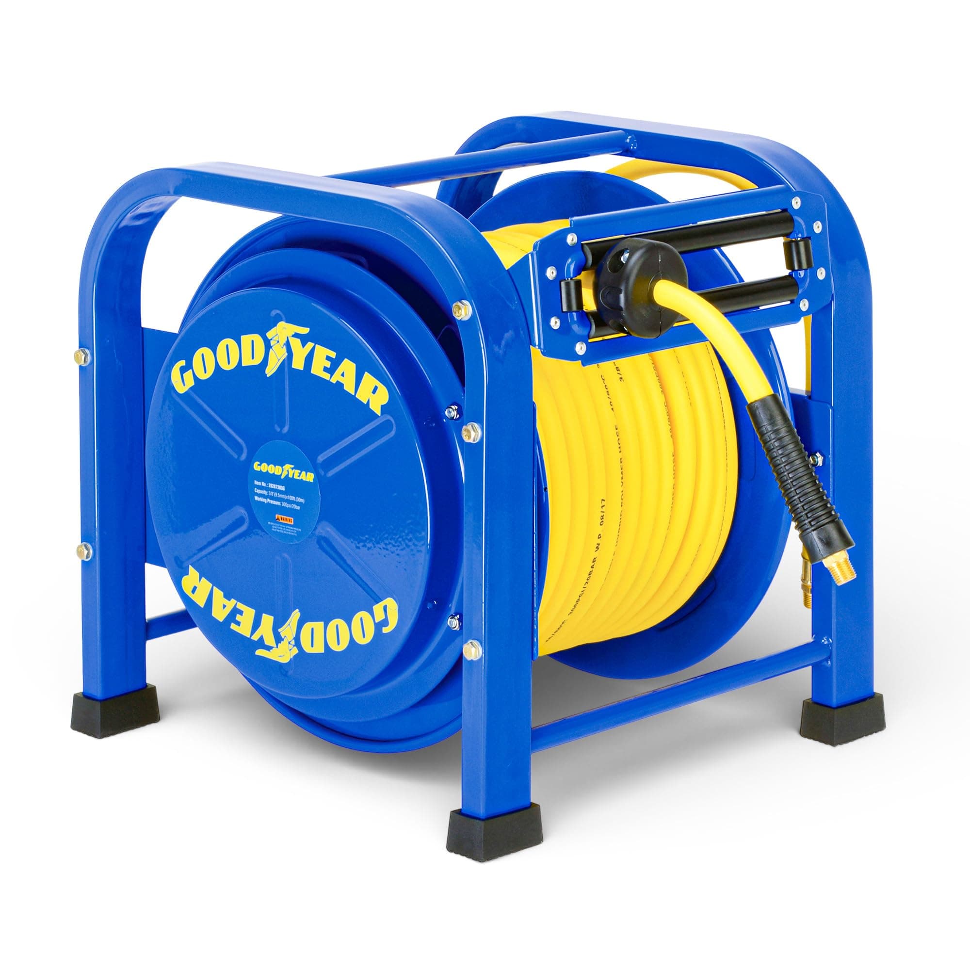 Goodyear Retractable Air Hose Reel, 3/8" x 100 Feet, 300 PSI | Spring-Driven Steel, Heavy Duty Industrial, Flex Hybrid Polymer Hose, Portable and Durable suits workshops