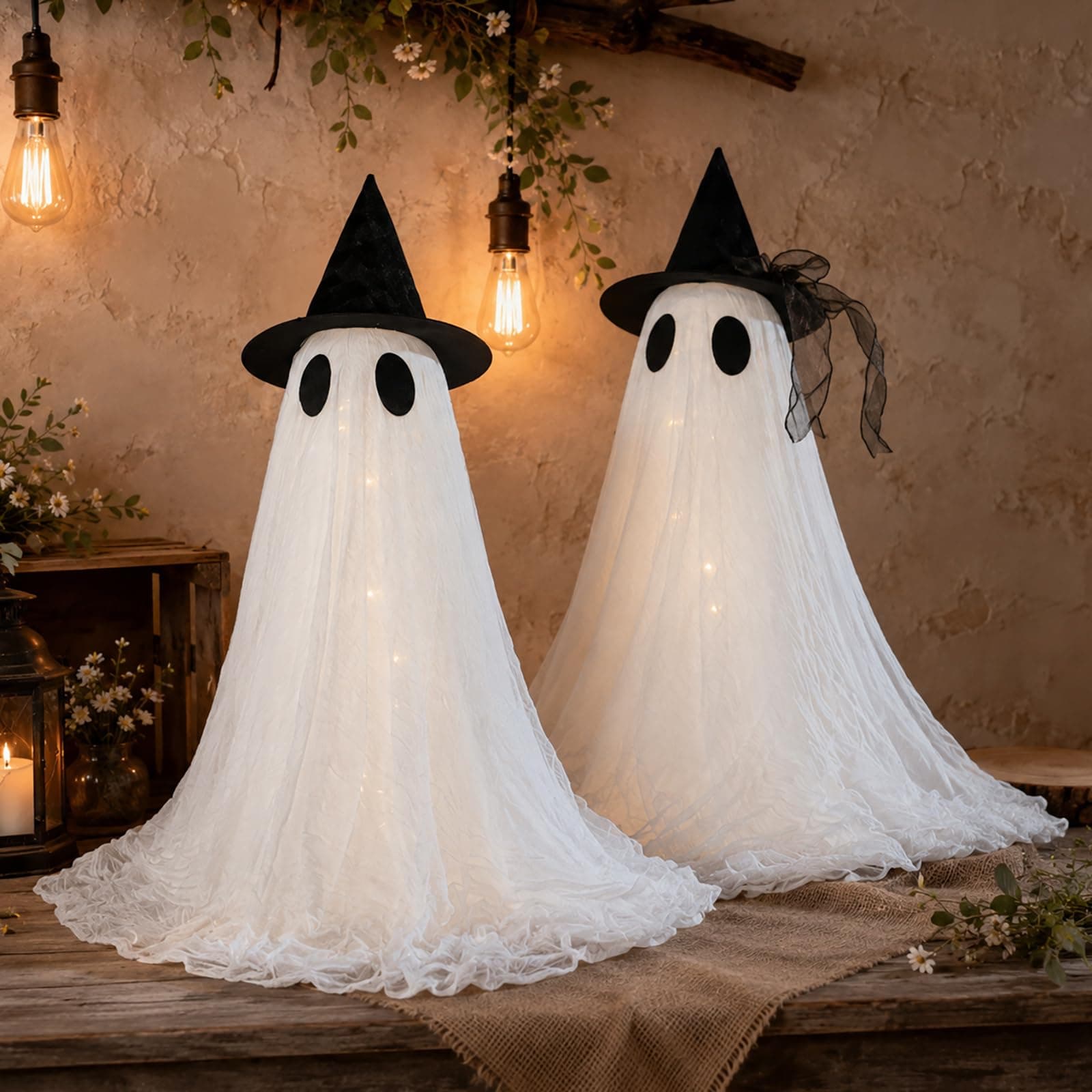 2 Pack Cute Glowing Ghost Decor - Halloween Ghost Decorations | Dual USB & battery power, 8 light modes timer, anti-tip water bags, easy assembly for mantel table porch