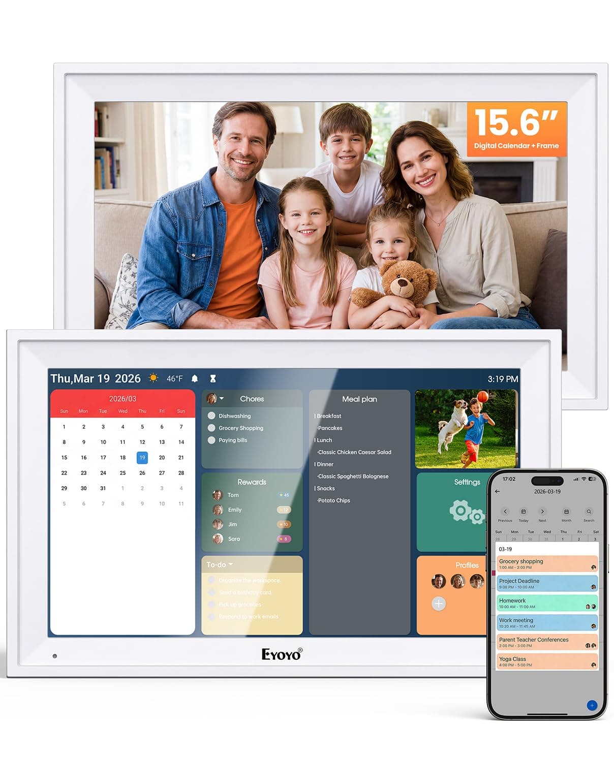 15.6" Digital Calendar Wall Planner - Eyoyo Smart Family Command Center | Chore Chart Touchscreen, 64G Storage, WiFi Real-Time Sync Auto-Dimming Display for Kids Routine, Seniors Memory