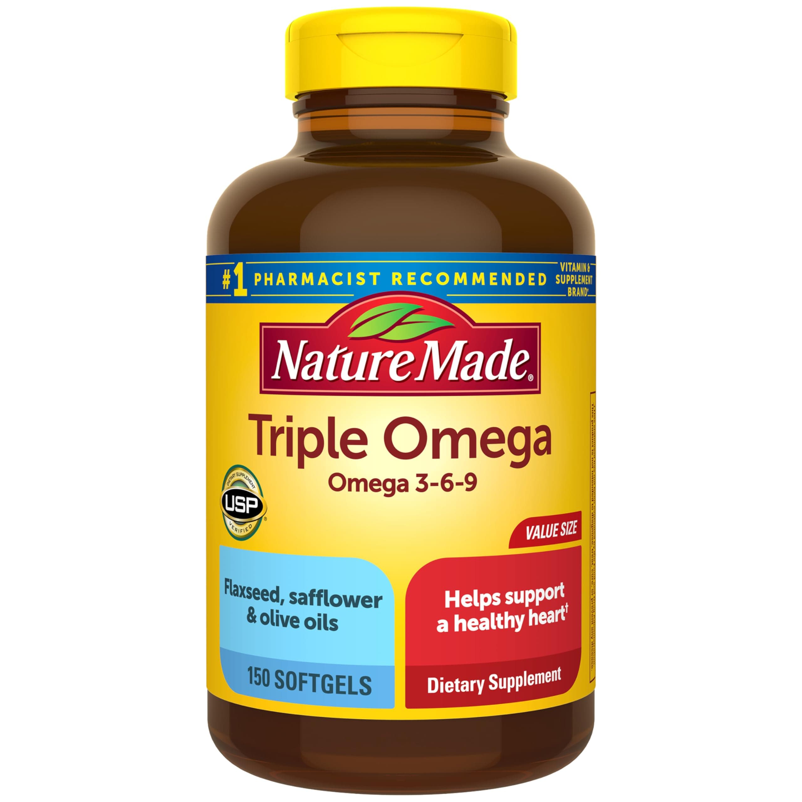 Nature Made Triple Omega 3 6 9 Supplements, 150 Softgels | Fish Free Omega 3 Fatty Acid Supplement with Flaxseed, Safflower & Olive Oils, Heart Health Support, 75 Day Supply