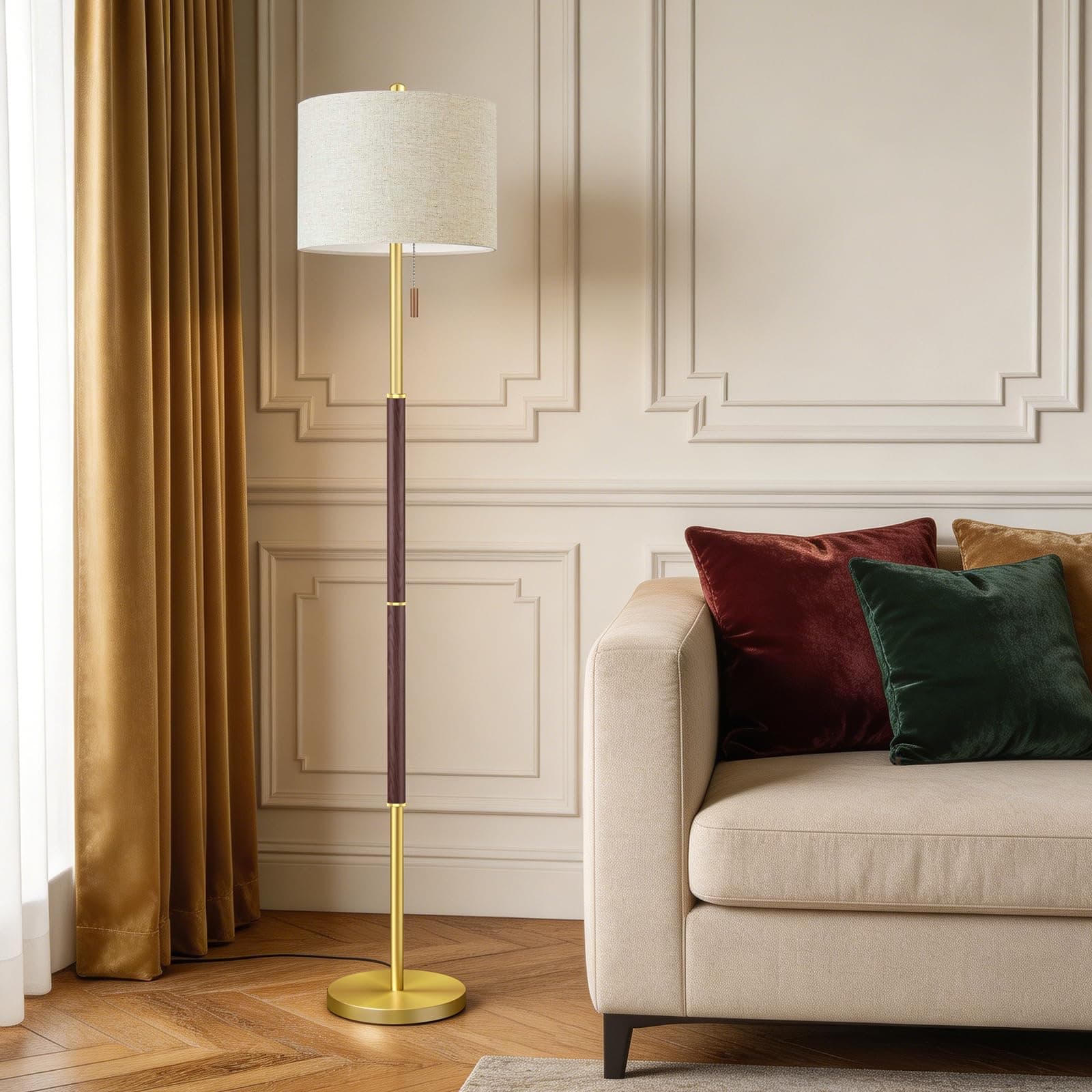 Walnut Gold Floor Lamp with 13.2" Linen Shade and 3 Colors for Living Room | 62" Mid Century Floor Lamp, Metal Base & Wood Pull Chain, Standing Lamp for Living Room, Entryway & Home Office