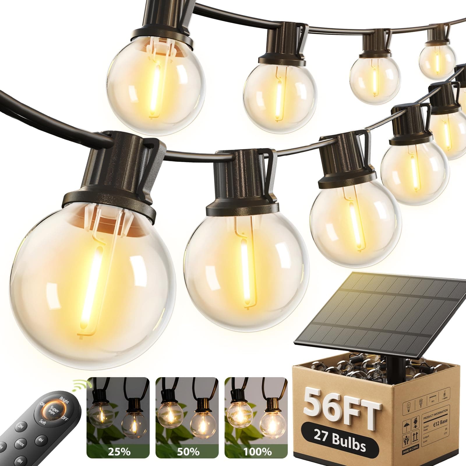 addlon 56FT(50+6) Solar String Lights Outdoor with Remote, 27 LED G40 Bulbs | Solar Powered & USB Charging Patio Lights, Dimmable Waterproof Solar String Lights for Outside, Camping, Backyard