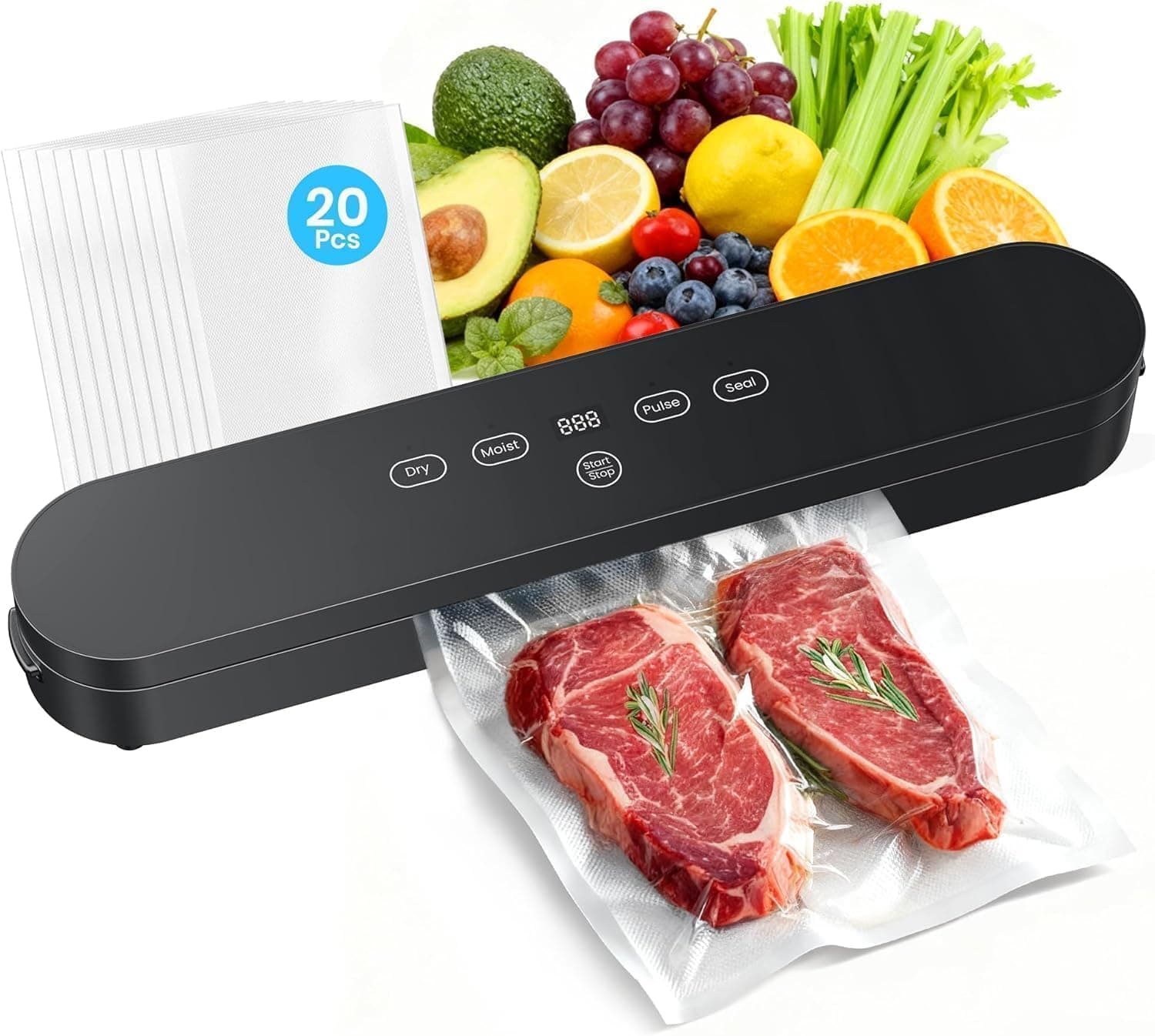 Vacuum Sealer for Food, 4-in-1 Food Sealer Machine Digital Timer | 75kPa Suction, with Digital Timer, 4-in-1 Food Sealer Machine with Seal/Dry/Moist/Pulse Modes, Compact, for Food Storage