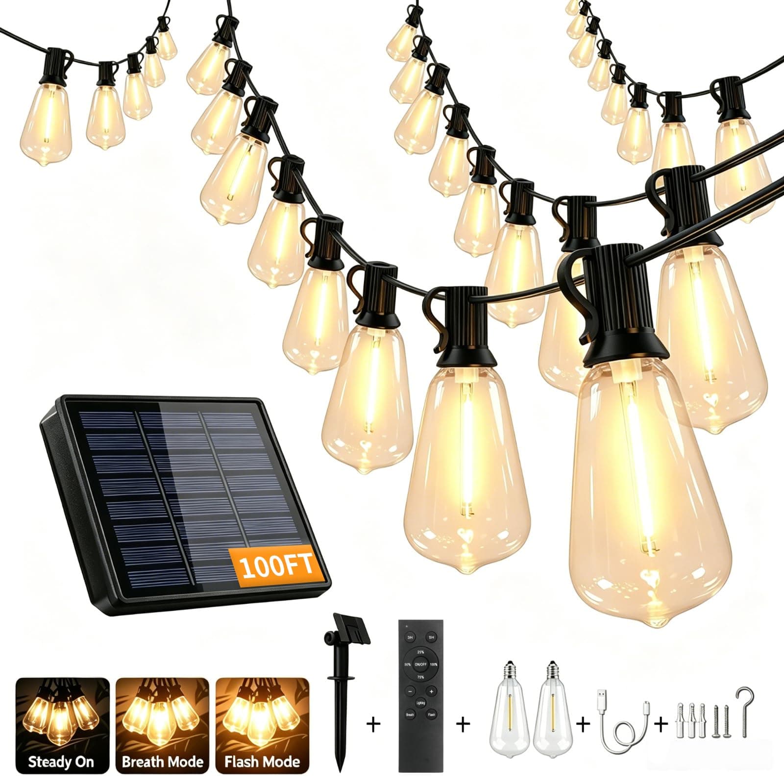 100FT Solar String Lights Outdoor Waterproof, 30+2 Shatterproof LED Lights | Patio Lights Solar Powered with Remote & USB Port, Timer, 3 Light Modes, Outside Solar Lights for Yard, Camping Garden Porch