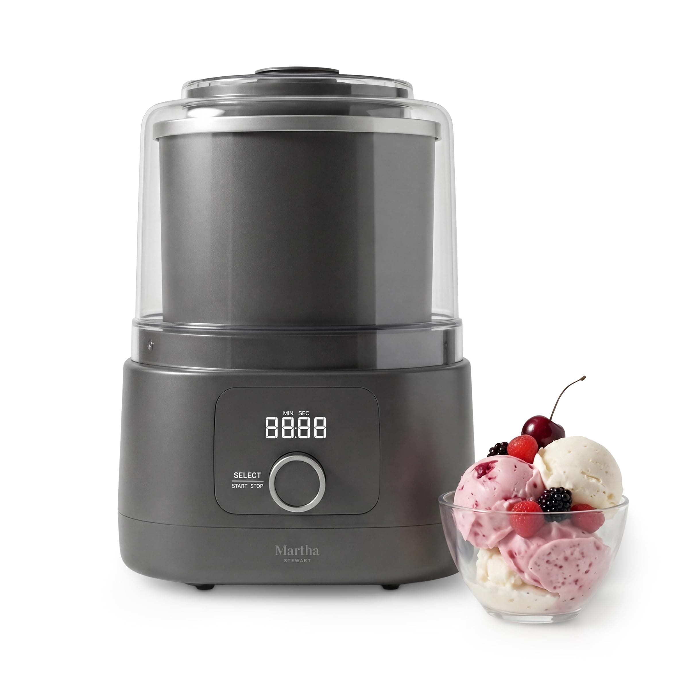 Martha Stewart Ice Cream Maker Machine, 2QT Double Insulated Freezer Bowl | 16 Serving Capacity, Mess Free Pour Chute, Wide Mixing Paddle, Clear View Lid, Sorbet, Frozen Yogurt, Sherbet, Caviar Black