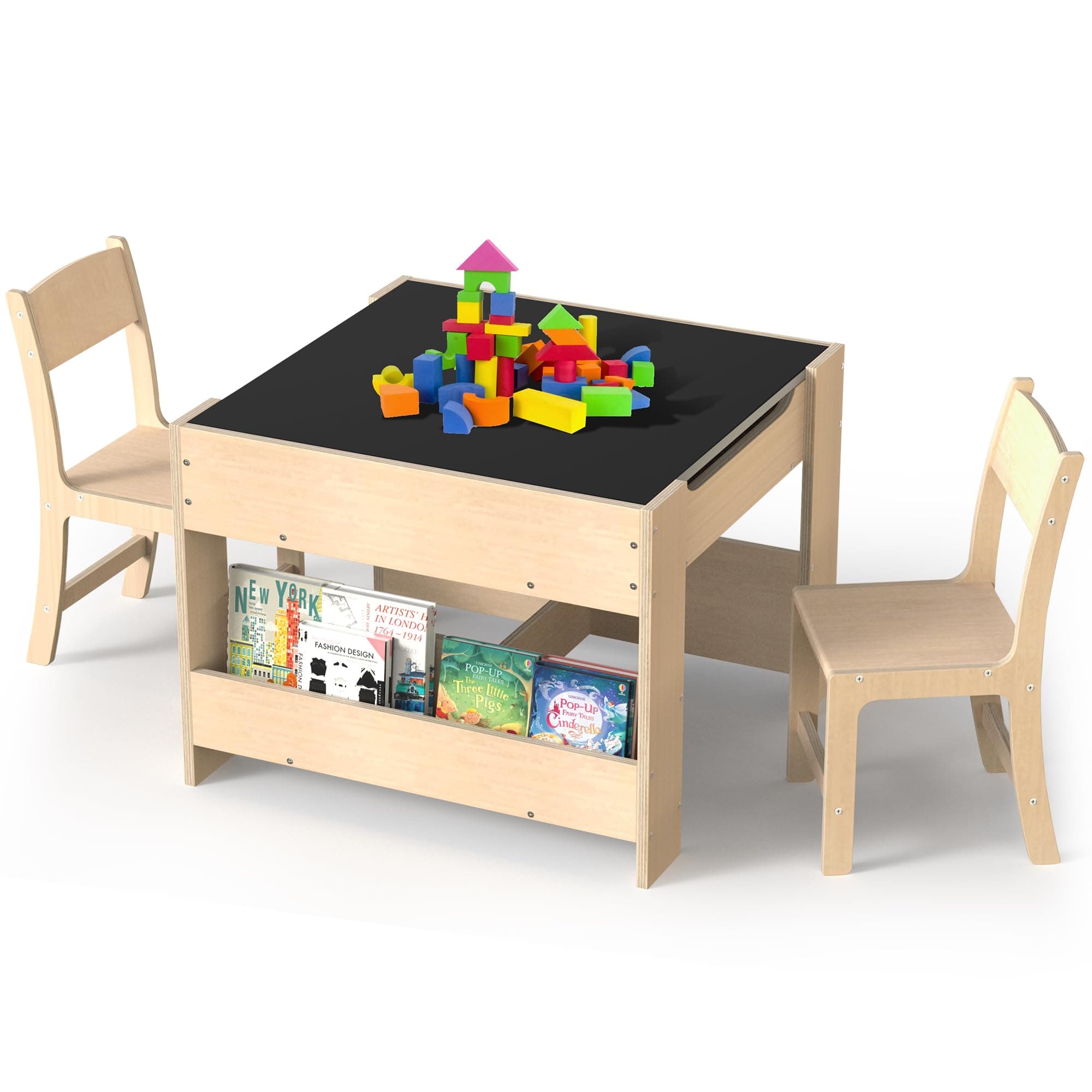 bbgroundgrm 4-in-1 Kids Wooden Activity Desk & Chair Set – Birch Plywood Table with Reversible Whiteboard & Chalkboard, 3 Storage Areas for Toddlers’ Learning, Art, and Play(3 Years+)